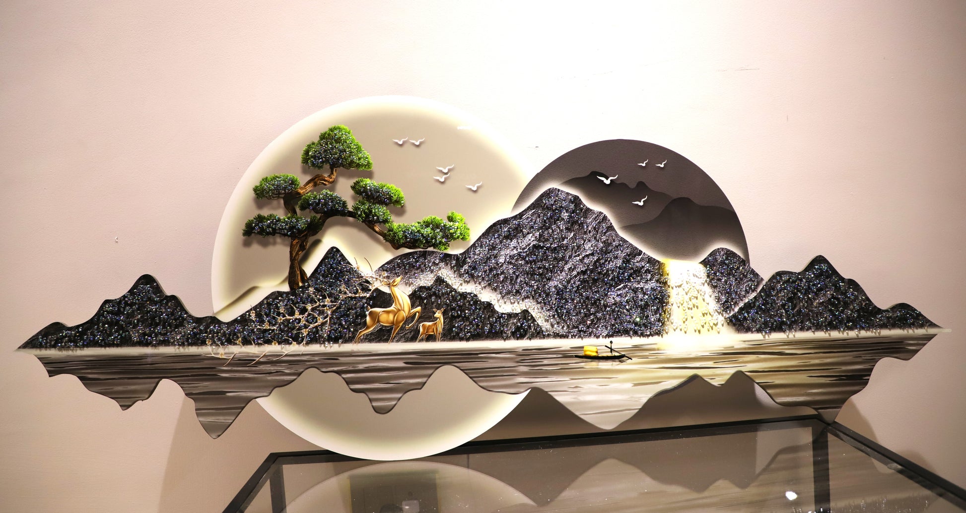 Attractive 3D Mountain-Deer-Waterfall Crystal painting with LED|2X4.9Feet