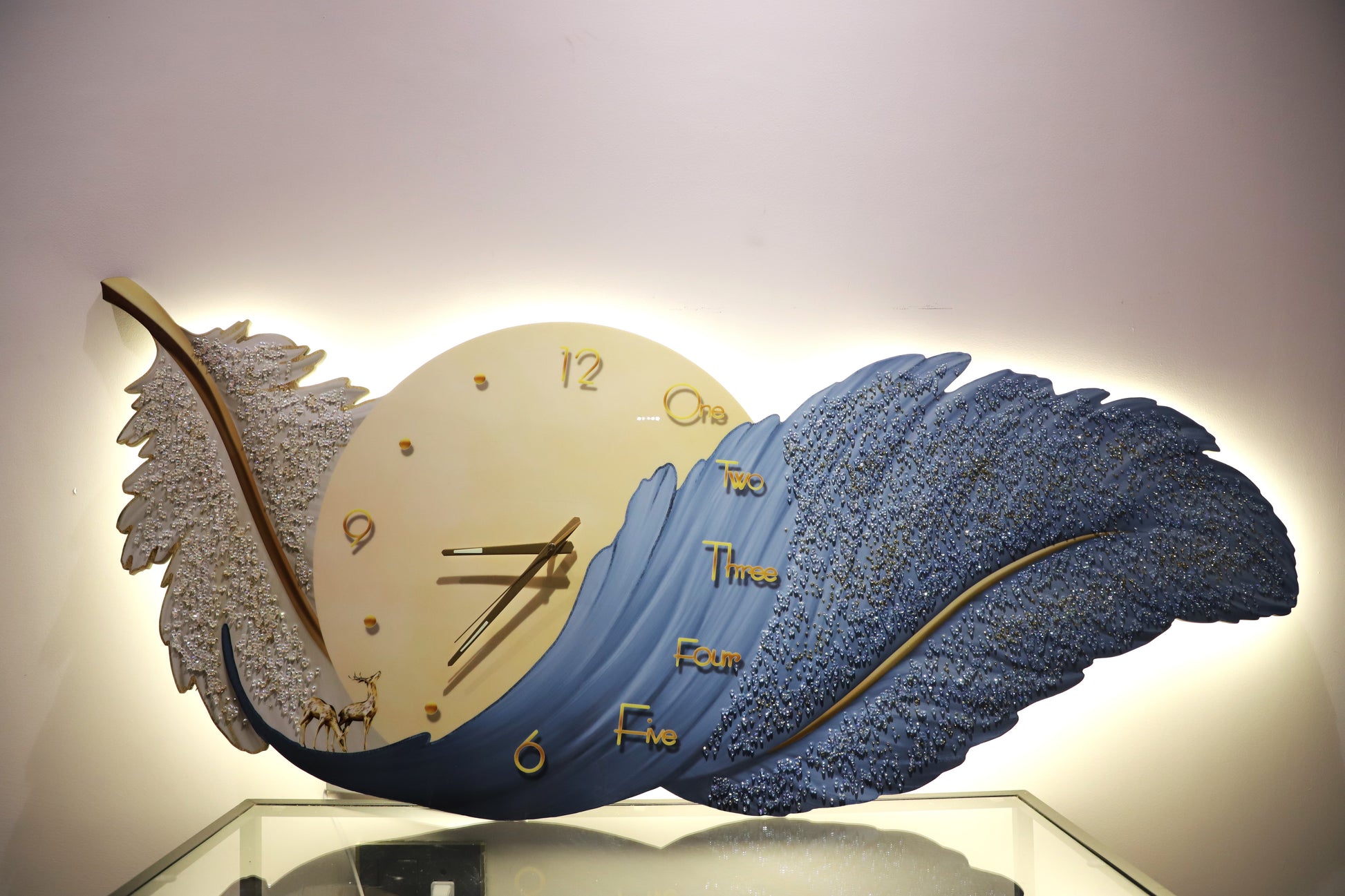 Blue Feather Elegance – Premium Wall Clock with LED|2x4.9 Feet