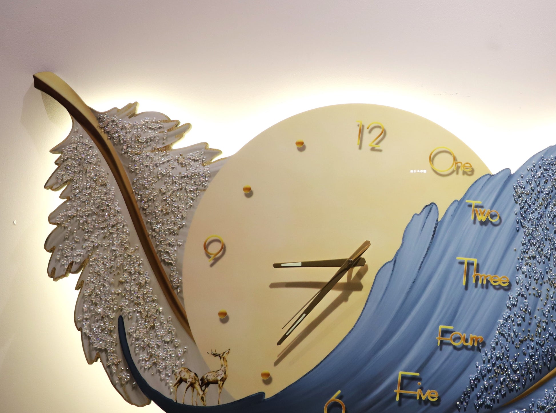 Blue Feather Elegance – Premium Wall Clock with LED|2x4.9 Feet
