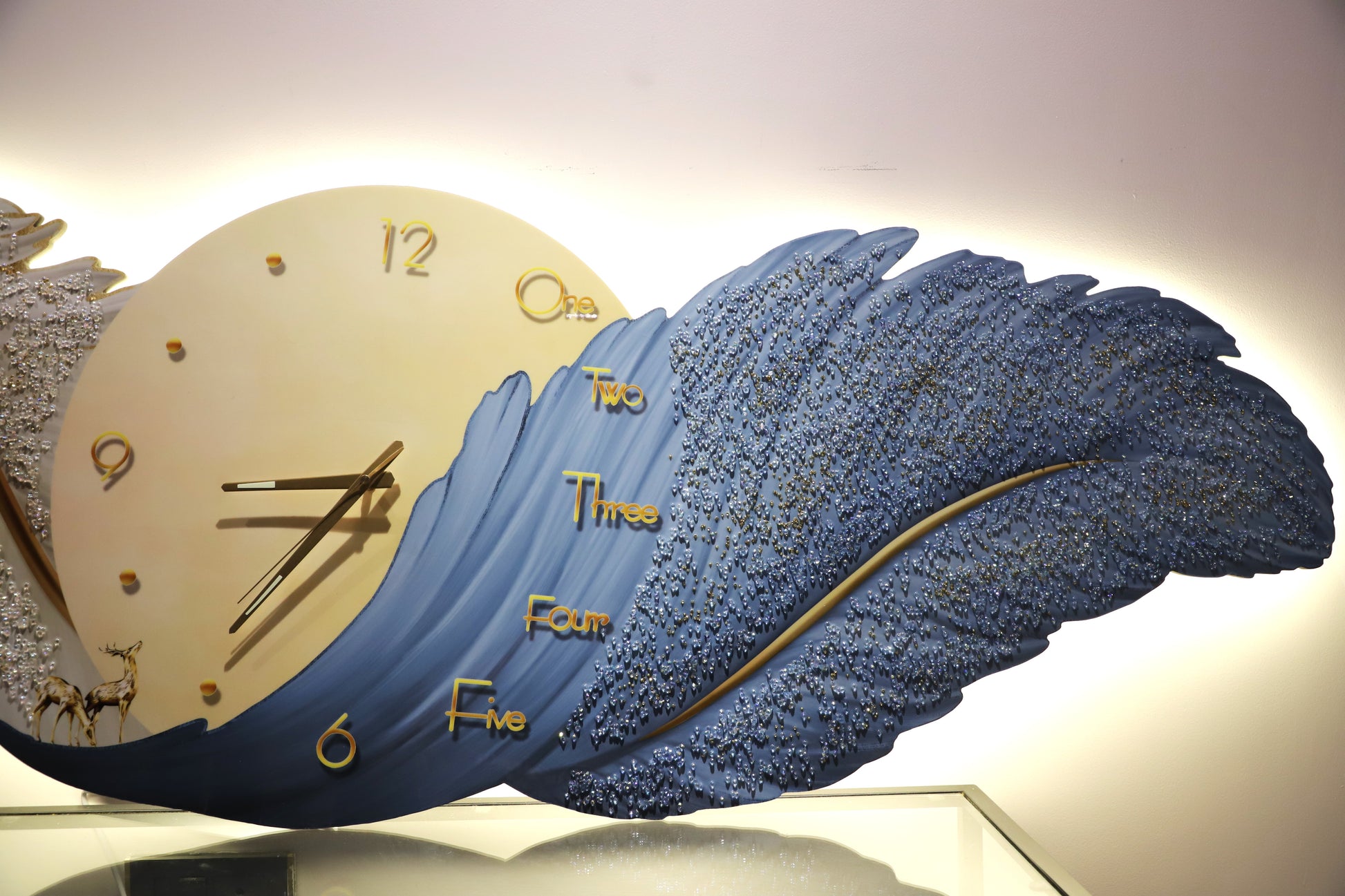 Blue Feather Elegance – Premium Wall Clock with LED|2x4.9 Feet