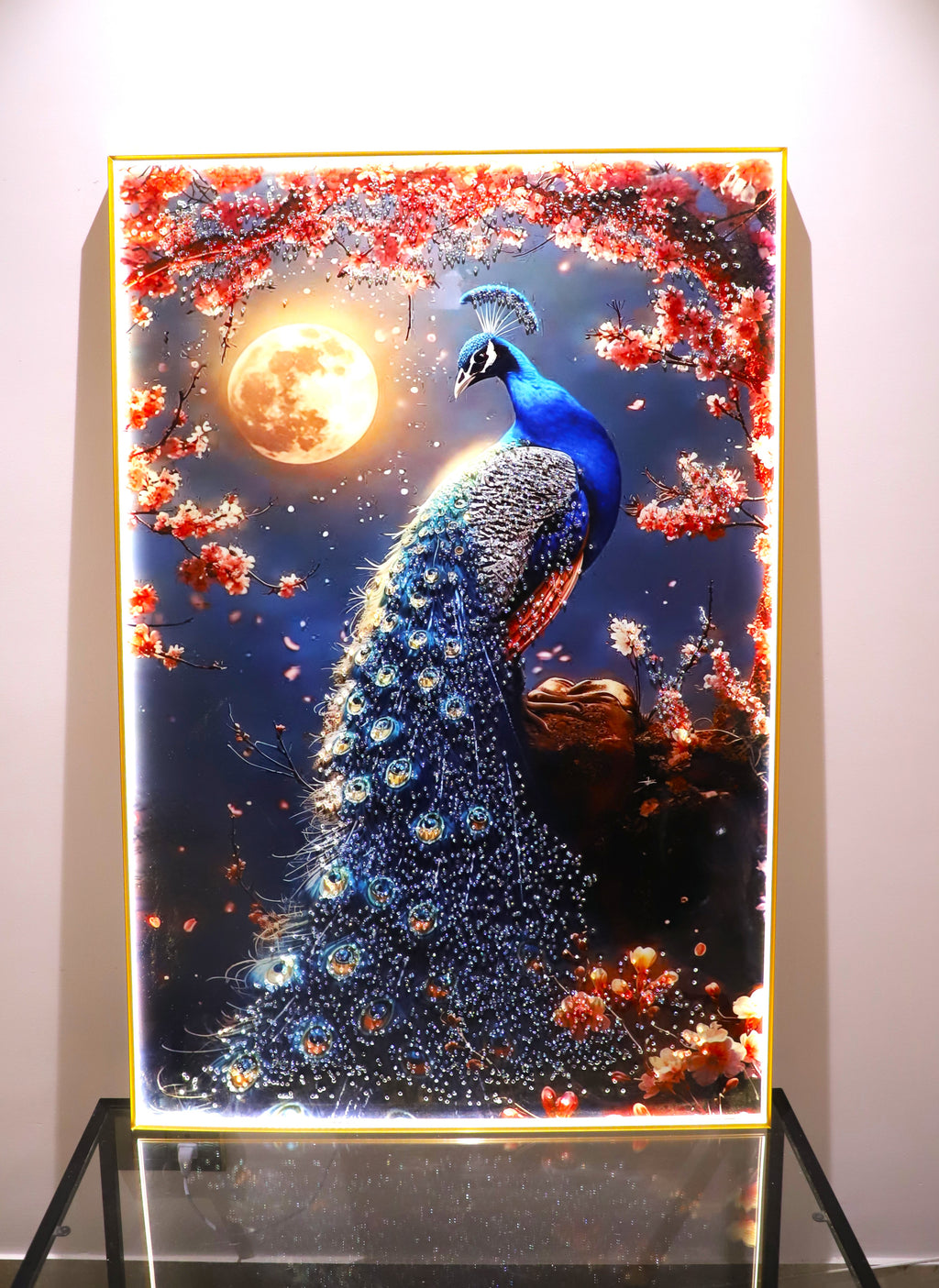 LED Peacock with Moon-crystal wall art| Bird painting|4x2.5 Feet