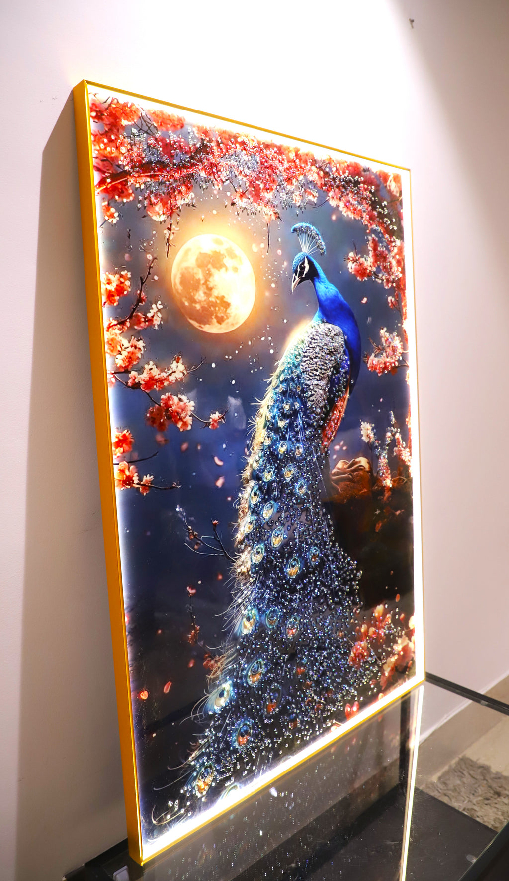 LED Peacock with Moon-crystal wall art| Bird painting|4x2.5 Feet