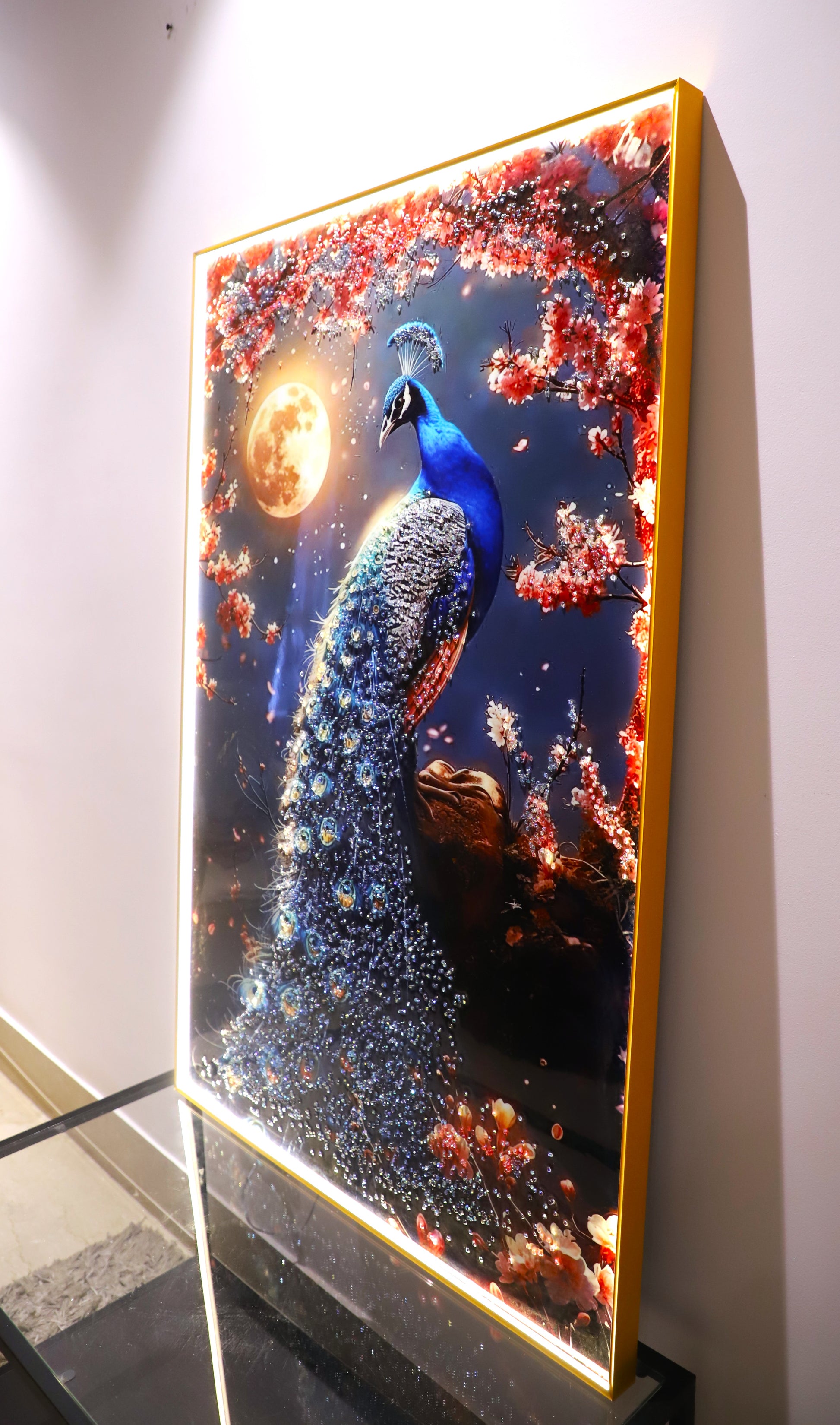 LED Peacock with Moon-crystal wall art| Bird painting|4x2.5 Feet