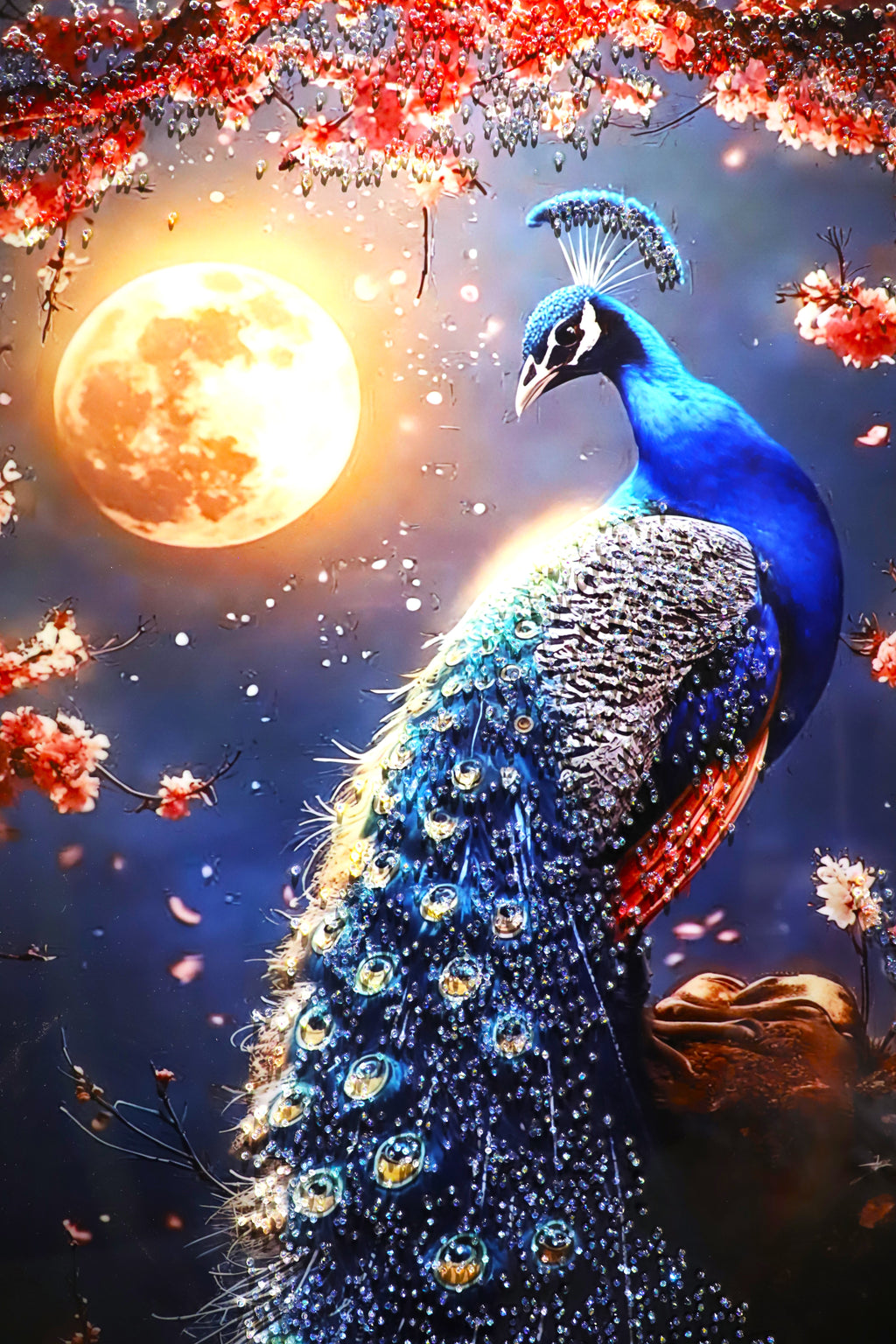 LED Peacock with Moon-crystal wall art| Bird painting|4x2.5 Feet