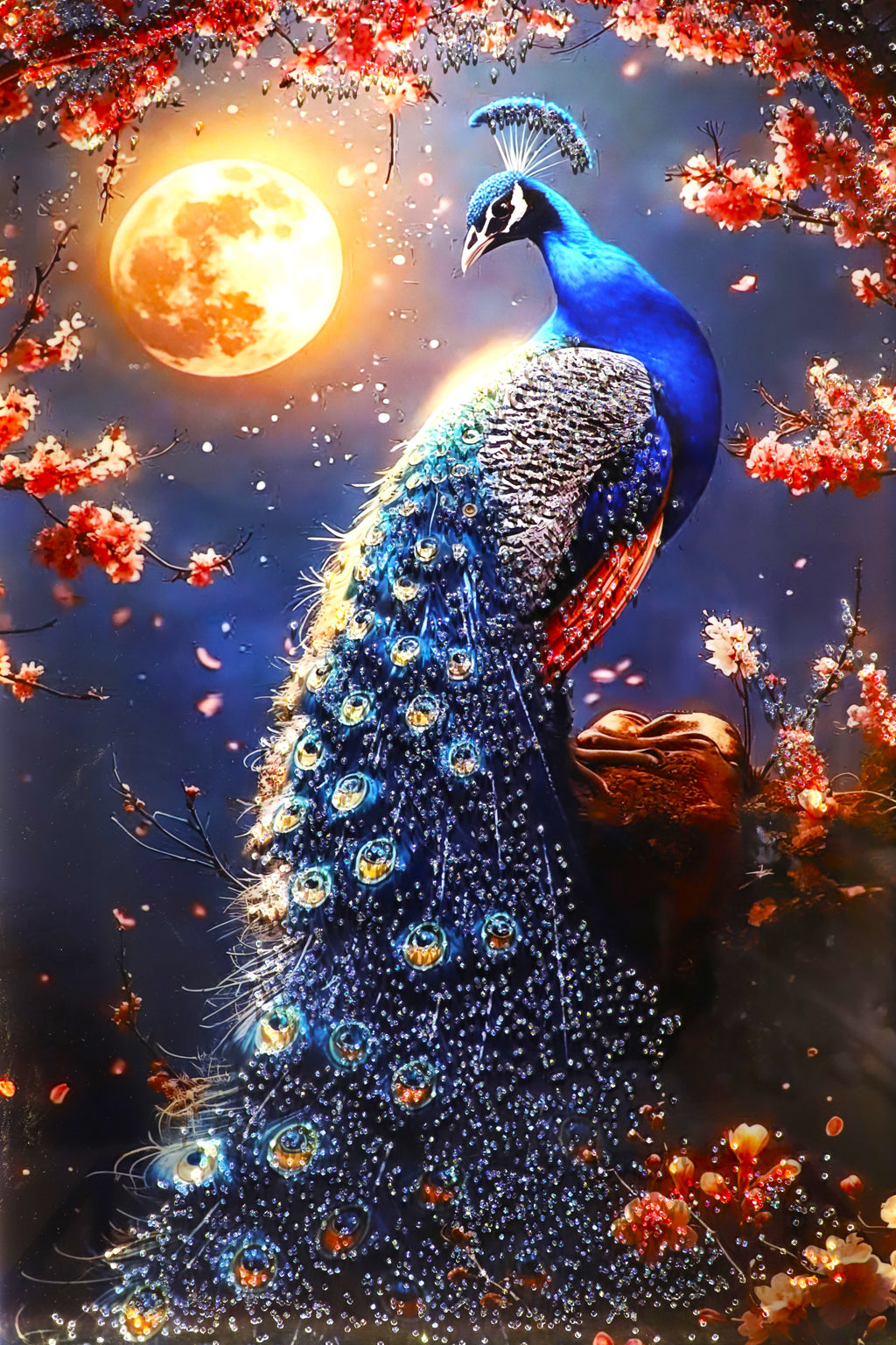 LED Peacock with Moon-crystal wall art| Bird painting|4x2.5 Feet