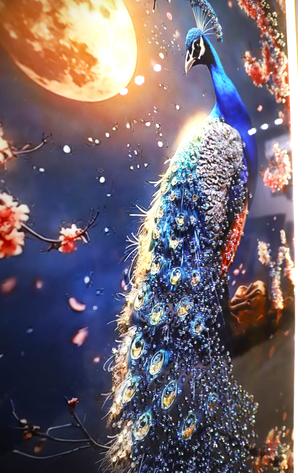 LED Peacock with Moon-crystal wall art| Bird painting|4x2.5 Feet