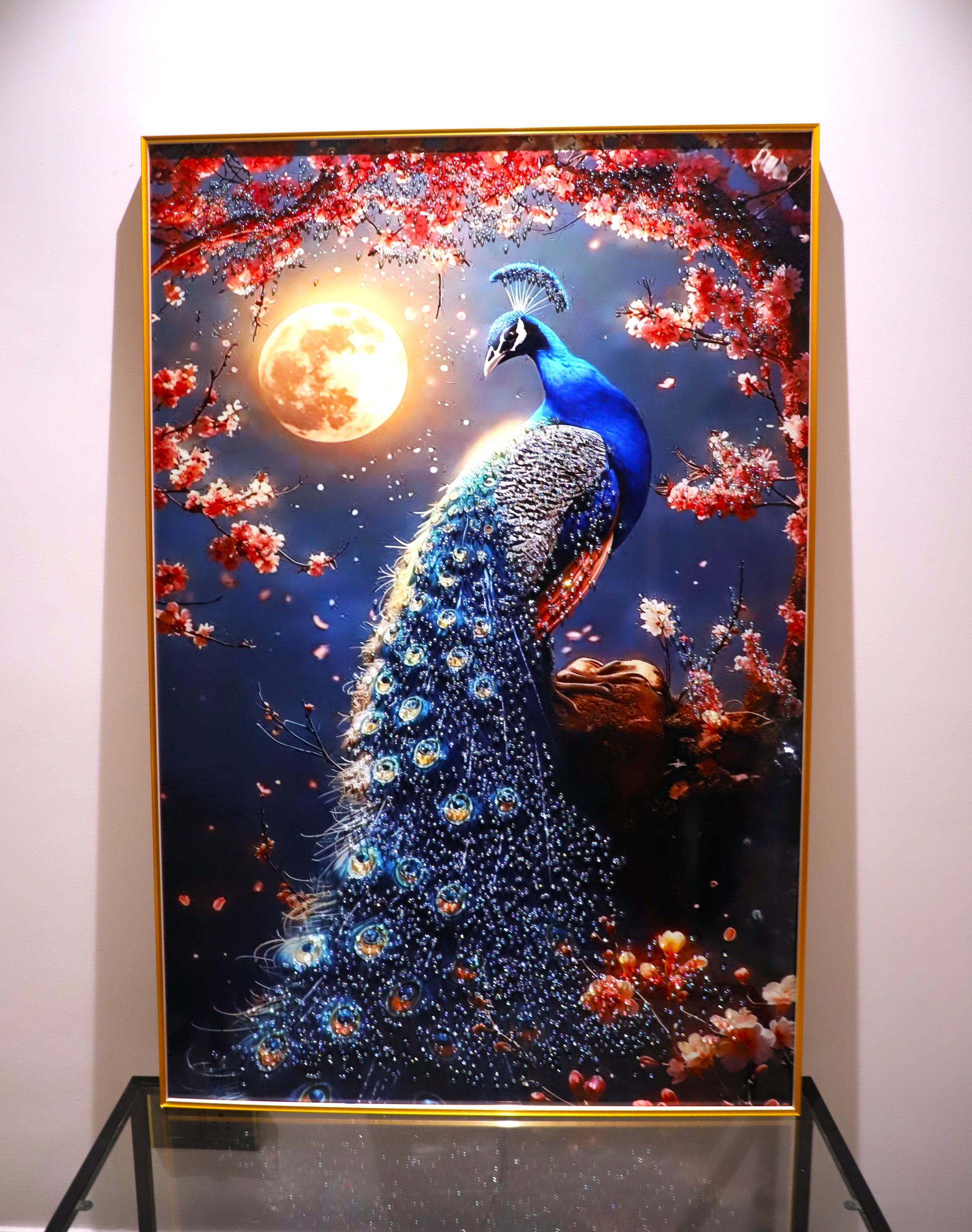 LED Peacock with Moon-crystal wall art| Bird painting|4x2.5 Feet