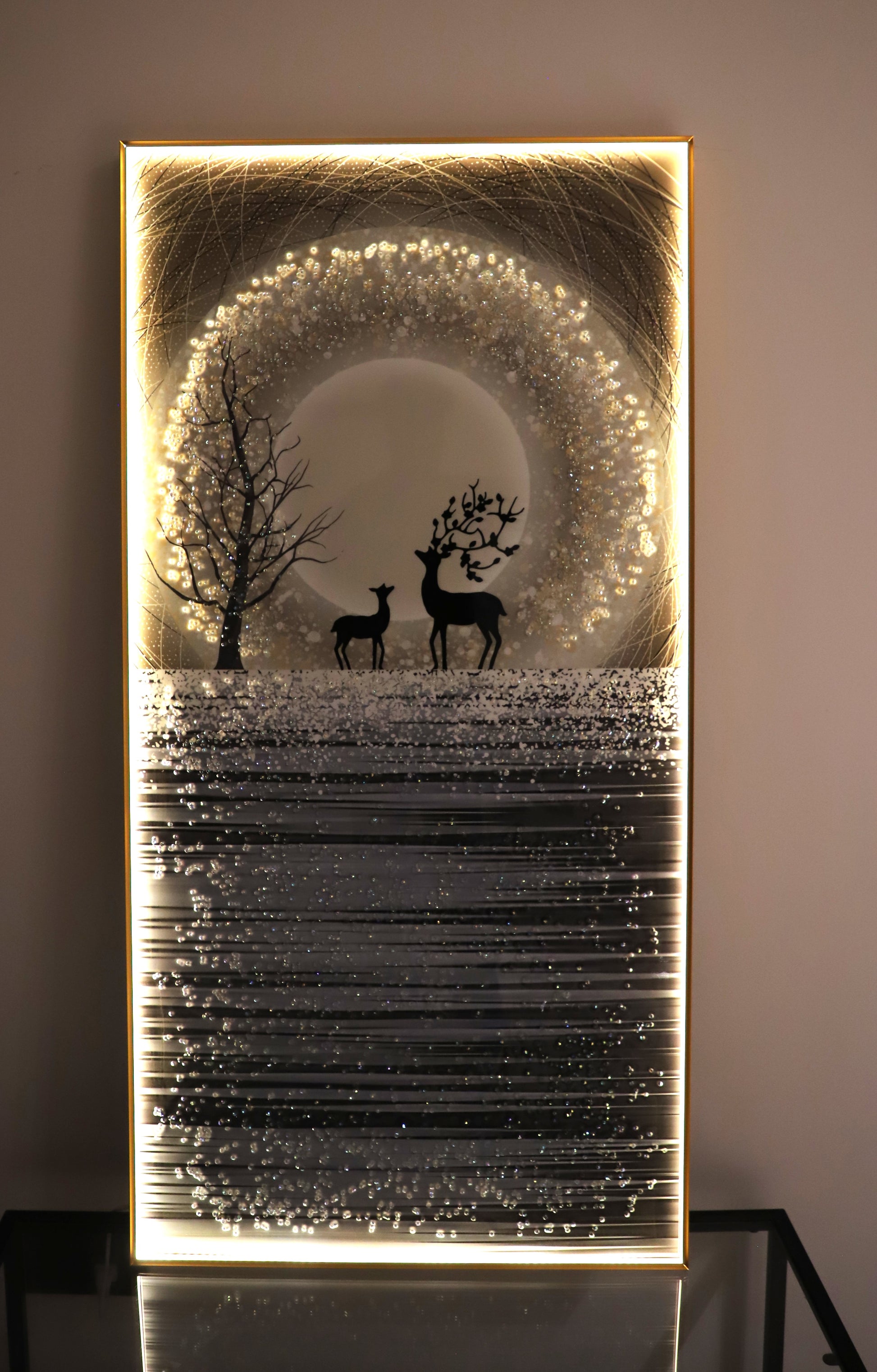 Deer on Moon crystal wall painting with LED|24X48 Inches
