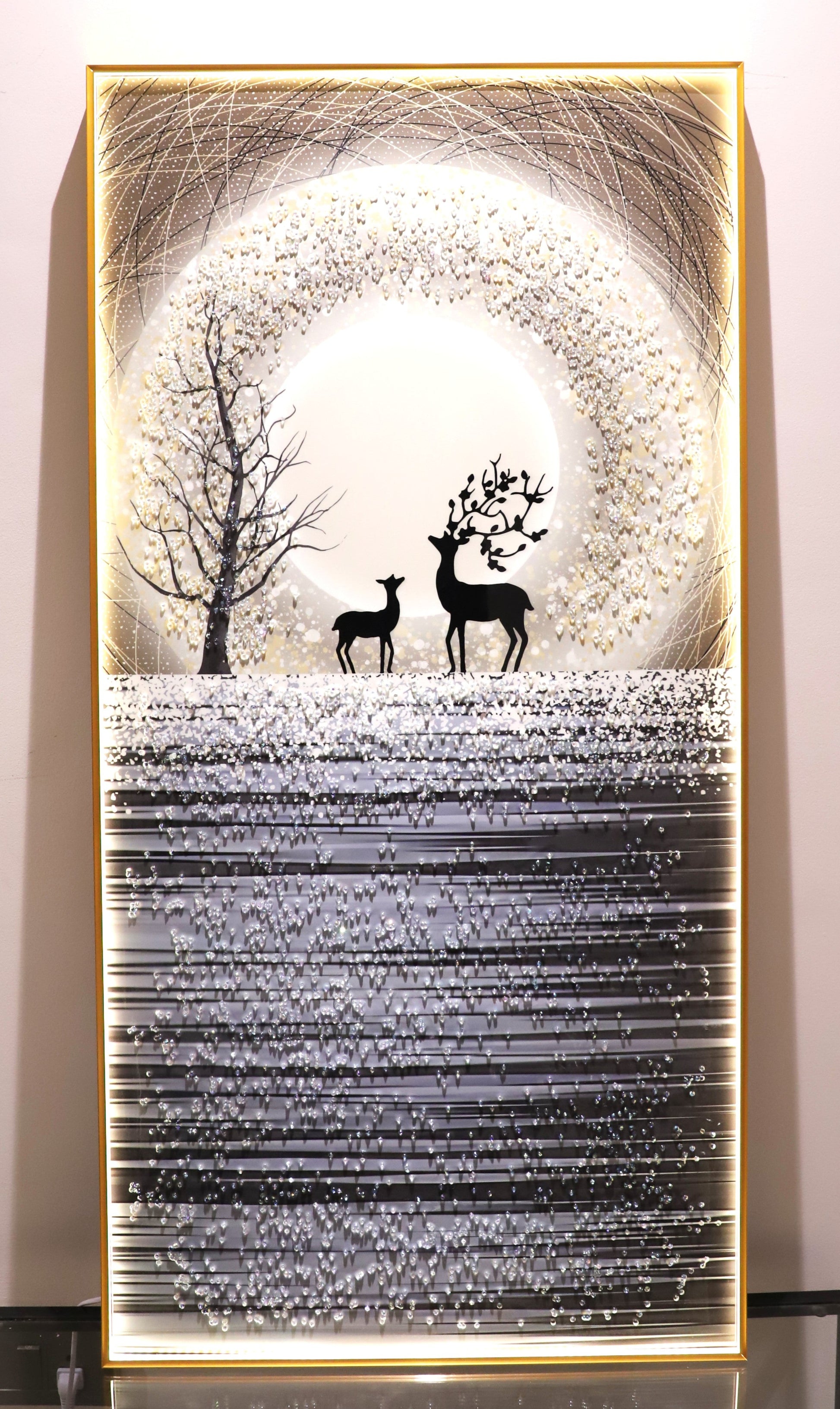 Deer on Moon crystal wall painting with LED|24X48 Inches