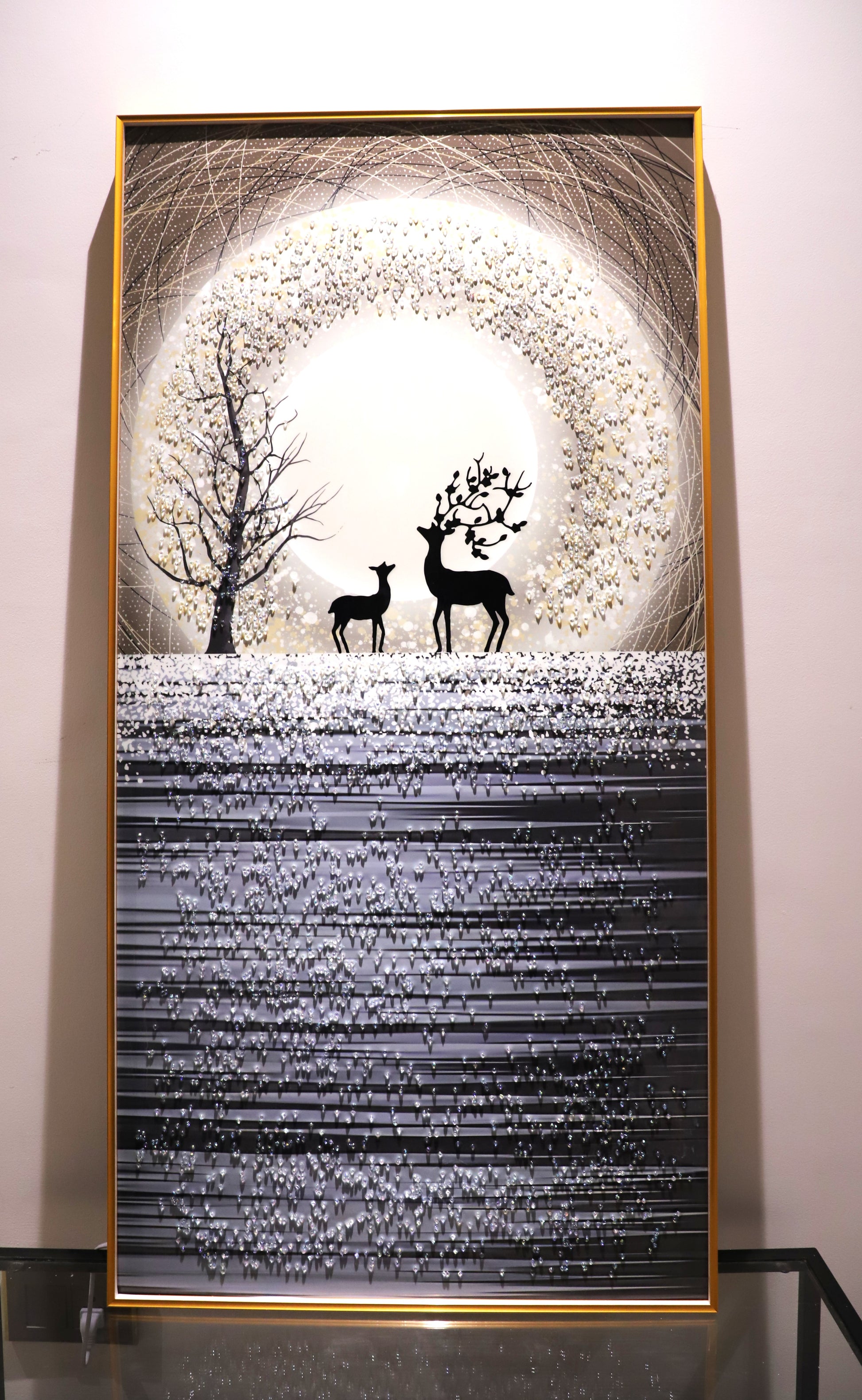 Deer on Moon crystal wall painting with LED|24X48 Inches