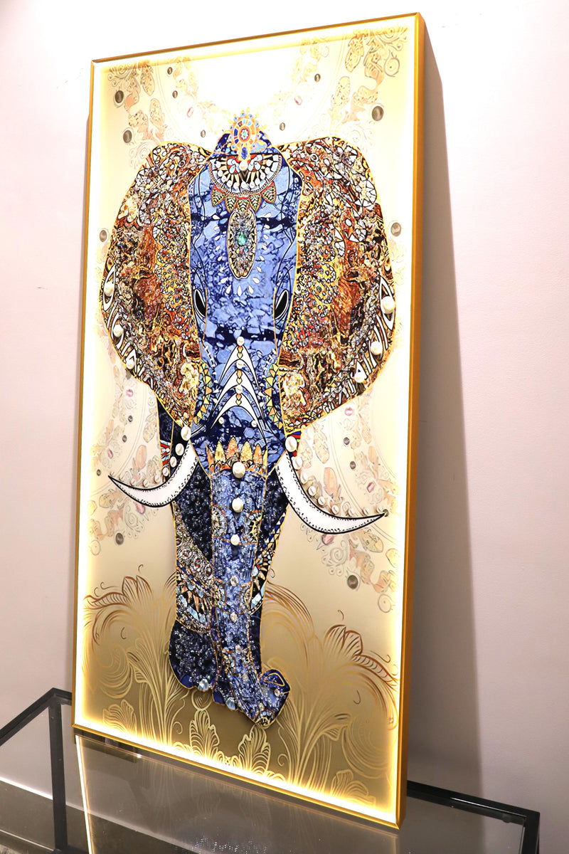 LED Royal Rajasthani painting Elephant with Crystals & Pearls |24x48 Inches + LED