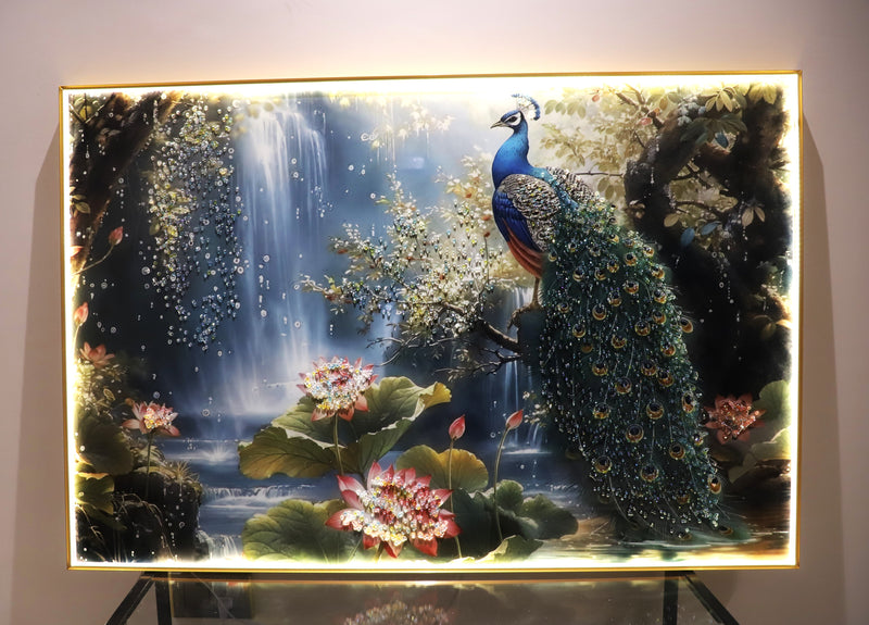 Peacock Paradise – 3D Crystal Wall Decor|4x2.5 Feet+LED