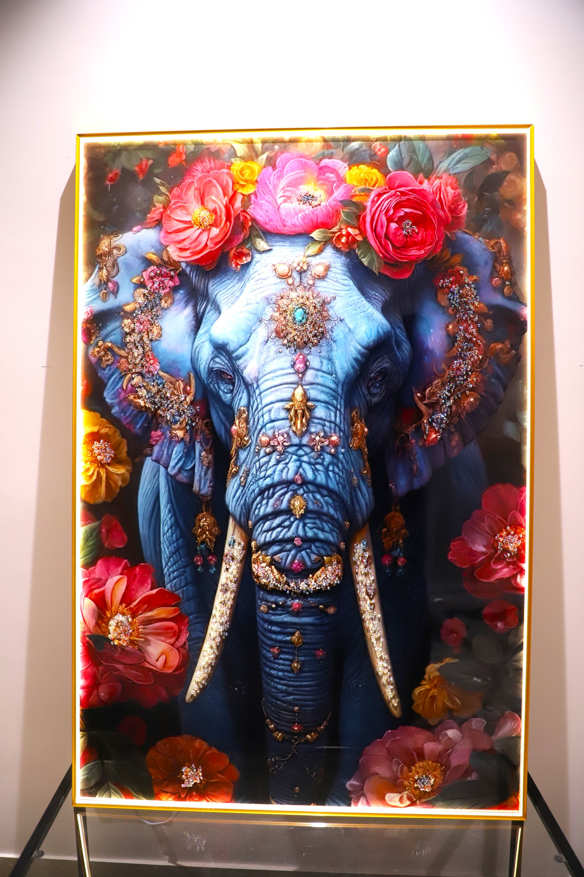 Elephant Crystal  wall art frame-Blue|4x2.5 Feet+LED