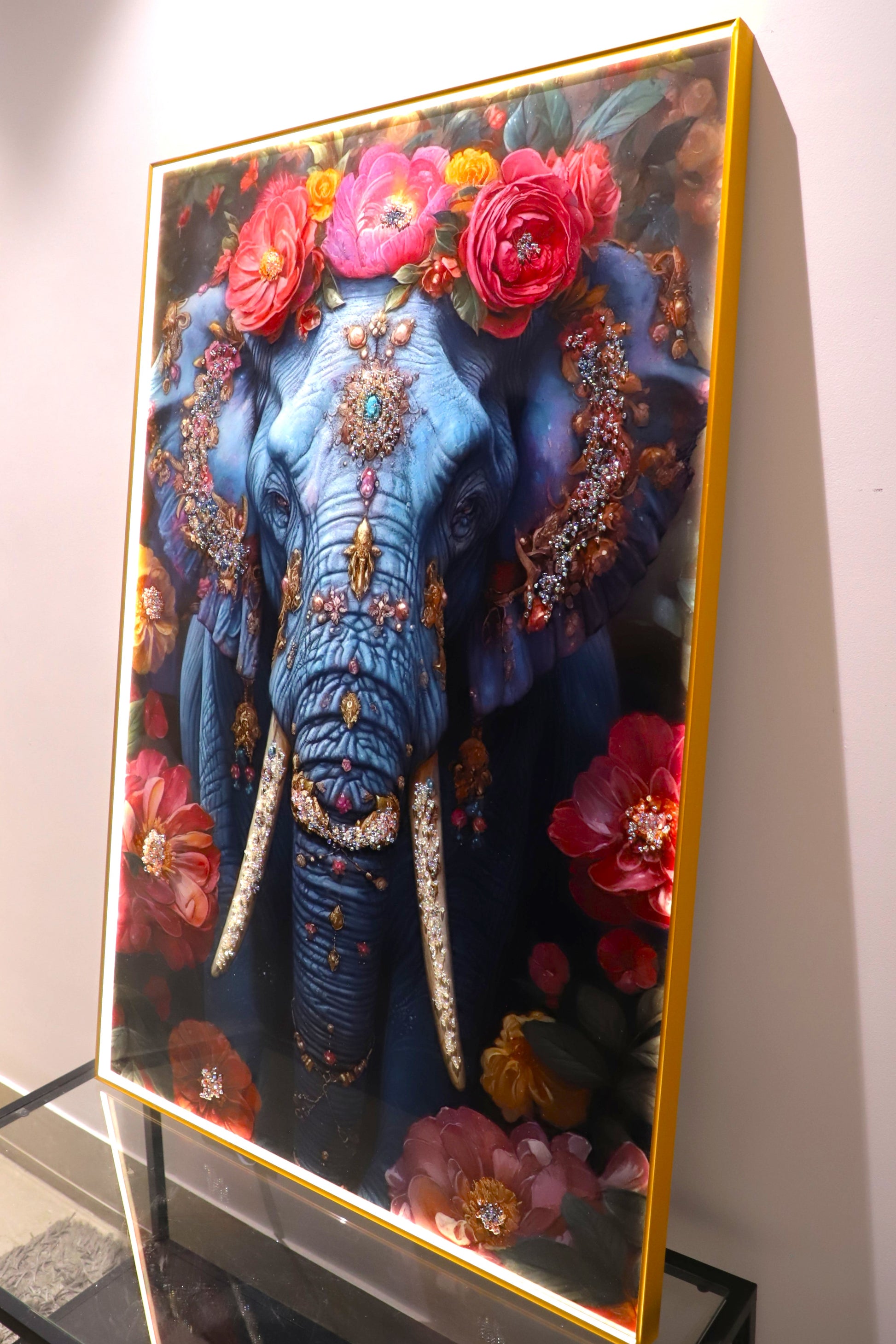 Elephant Crystal  wall art frame-Blue|4x2.5 Feet+LED