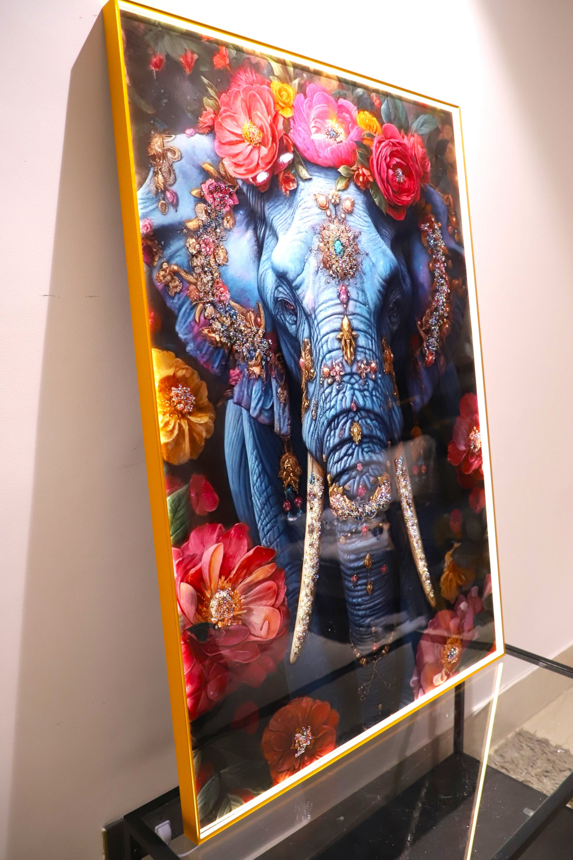 Elephant Crystal  wall art frame-Blue|4x2.5 Feet+LED