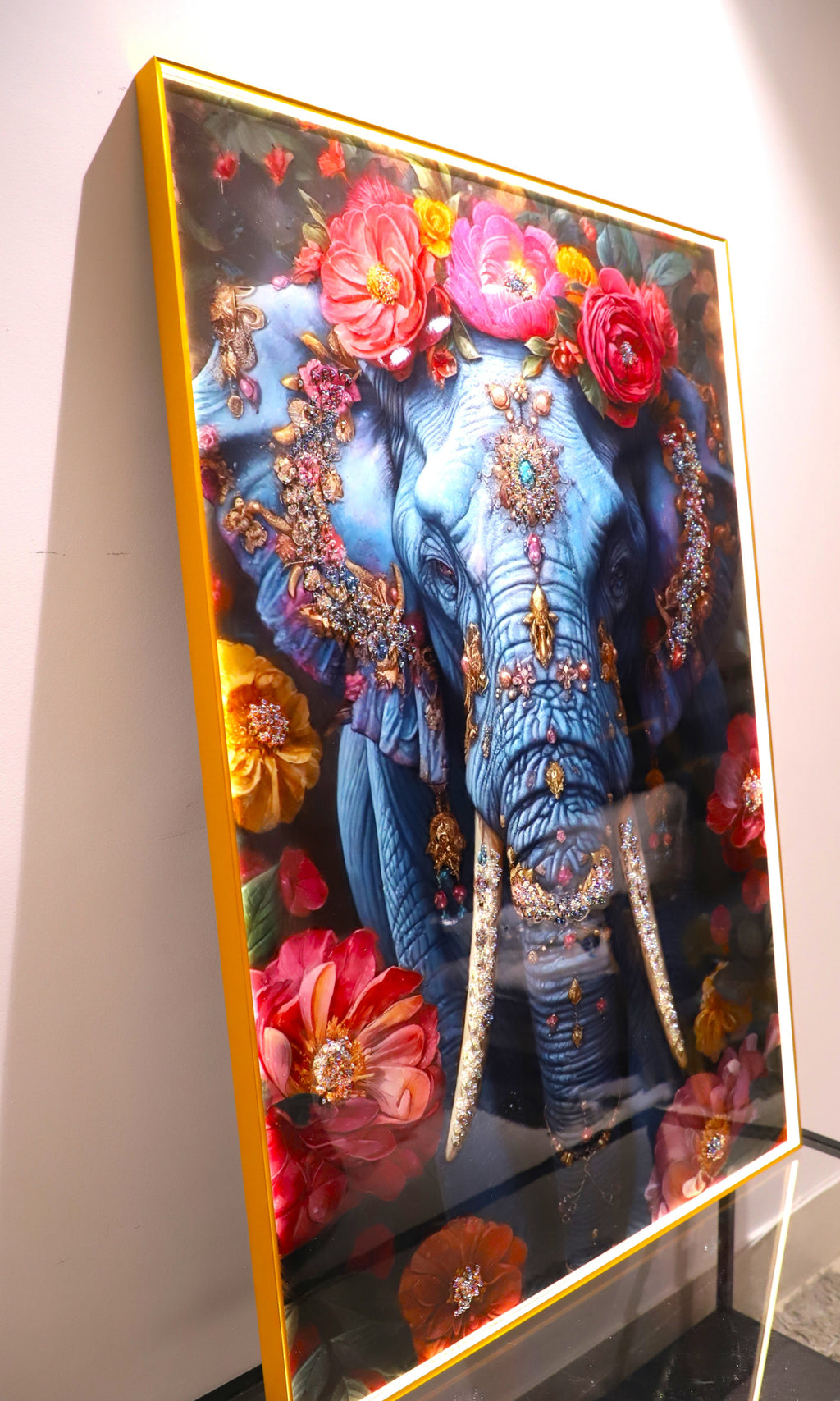 Elephant Crystal  wall art frame-Blue|4x2.5 Feet+LED