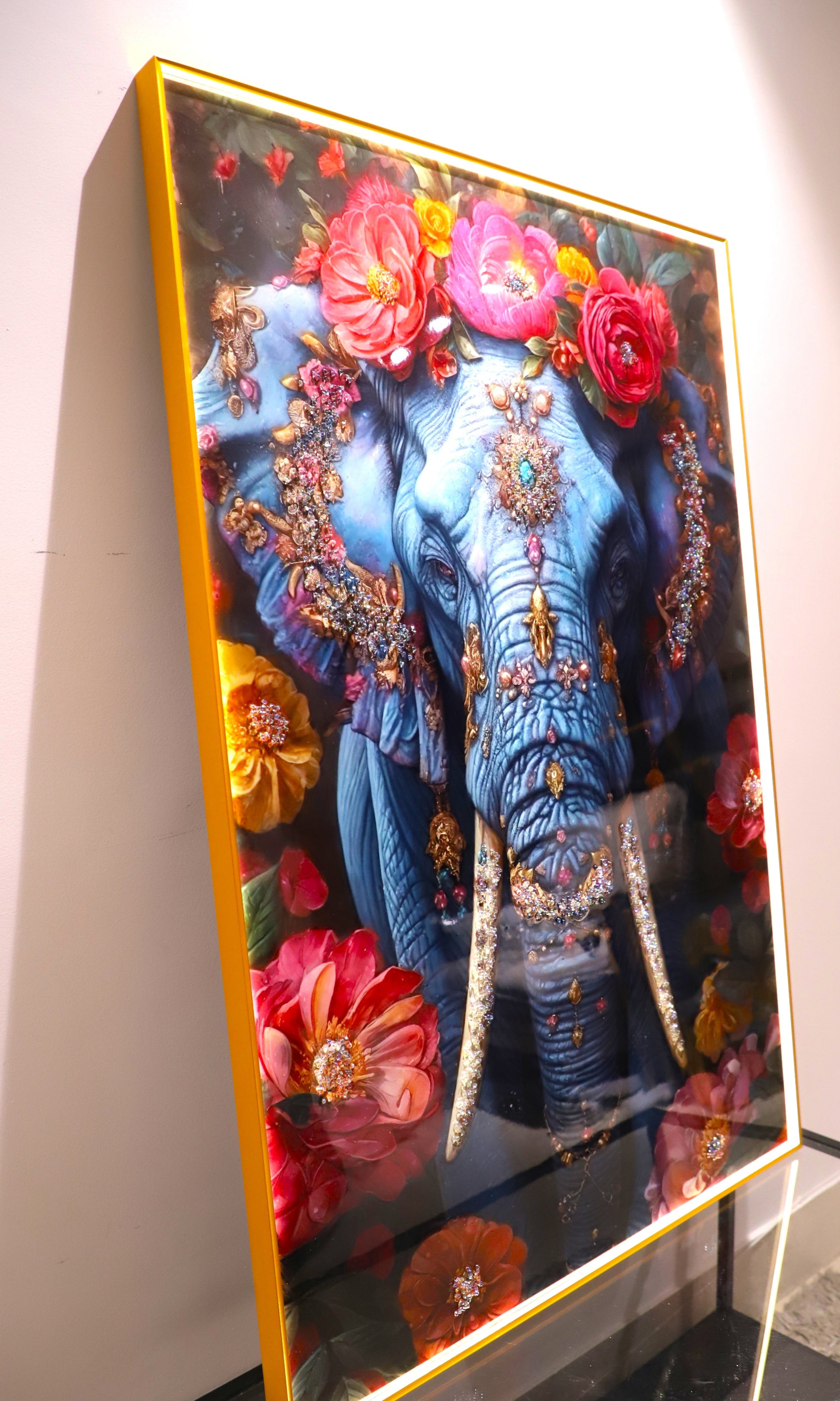 Elephant Crystal  wall art frame-Blue|4x2.5 Feet+LED