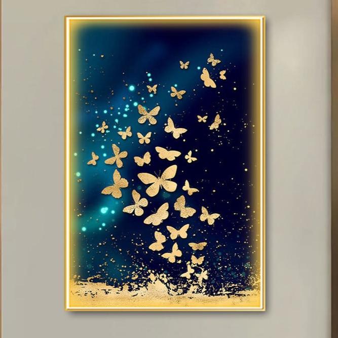 Attractive Blue-gold butterfly crystal painting with LED