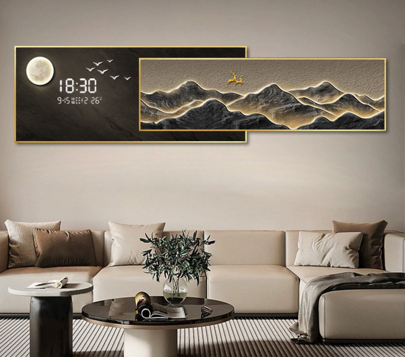 Crystal porcelain superimposed LED painting + digital clock |30x100 cm-up 40x100 cm-down