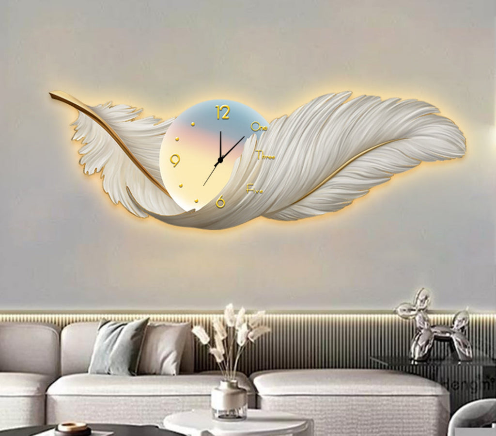 Stunning white feather wall clock with LED Light for living room with remote