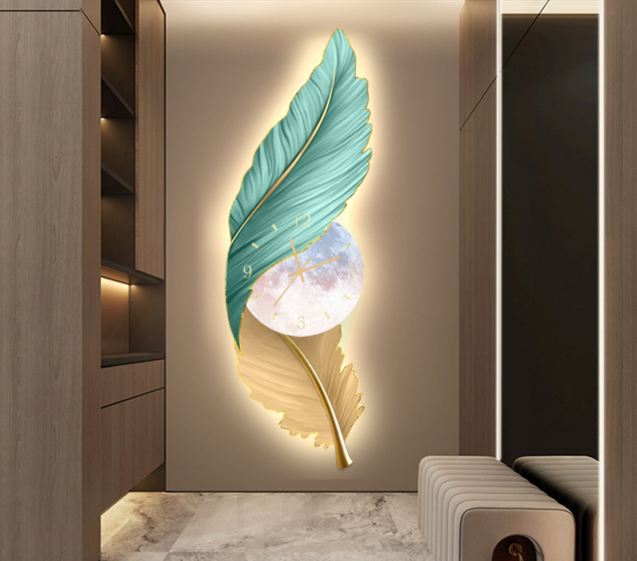 Stunning dual shade feather wall clock with LED Light for living room with remote