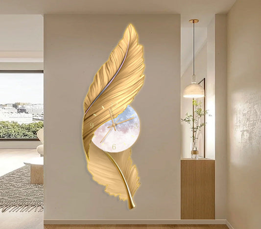 Stunning gold shade feather wall clock with LED Light for living room with remote