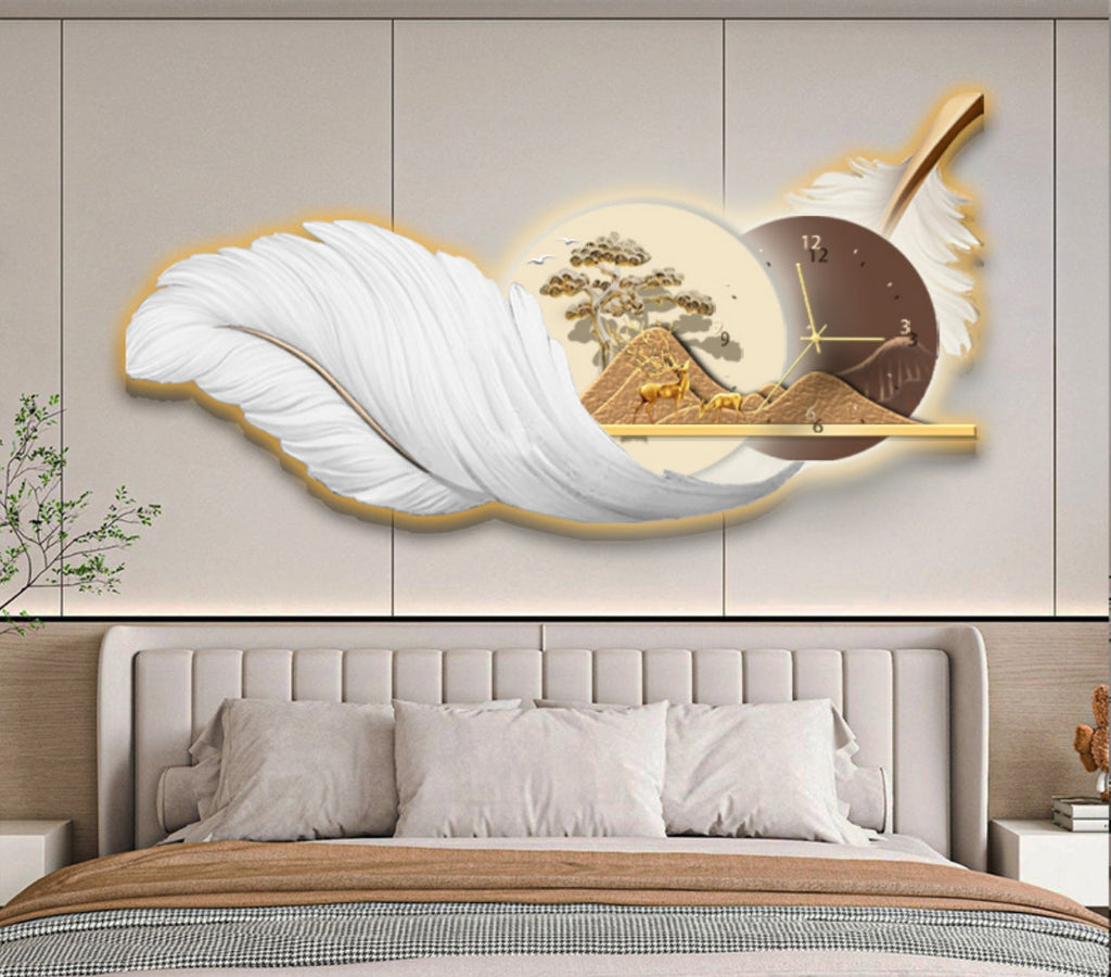 Stunning white feather wall clock with LED Light for living room with remote