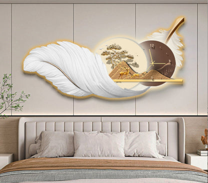 Stunning white feather wall clock with LED Light for living room with remote