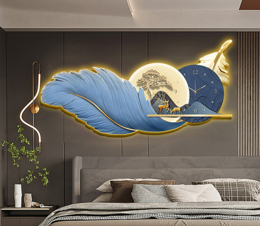 Stunning blue feather wall clock with LED Light for living room with remote