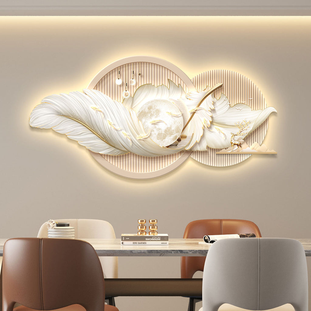 Luxurious 3D LED wall art for living room| Moon|White-Gold|Feather|2X5 FEET