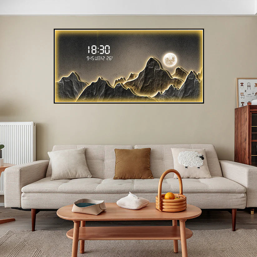 Glowing Moon with mountains wall art with LED+ Digital clock |120x60cm