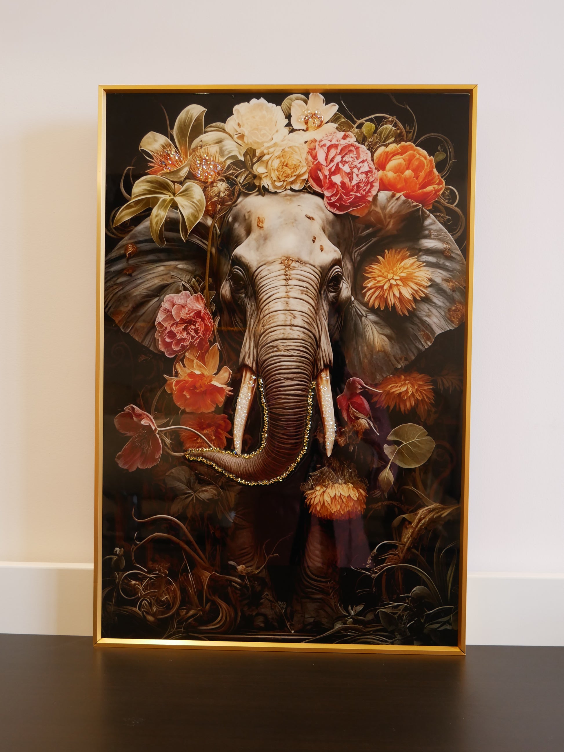 "Elephant in Bloom – Premium Nature Art Frame Crystal wall art||40x60 cm