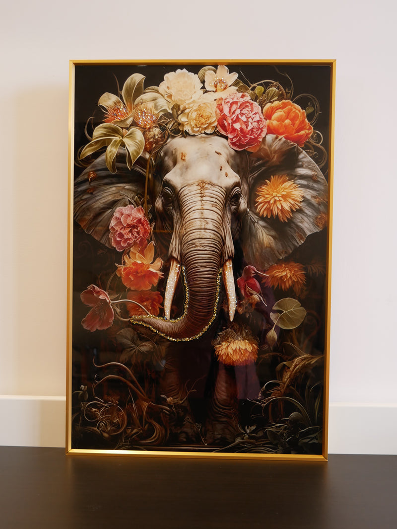 "Elephant in Bloom – Premium Nature Art Frame Crystal wall art||40x60 cm