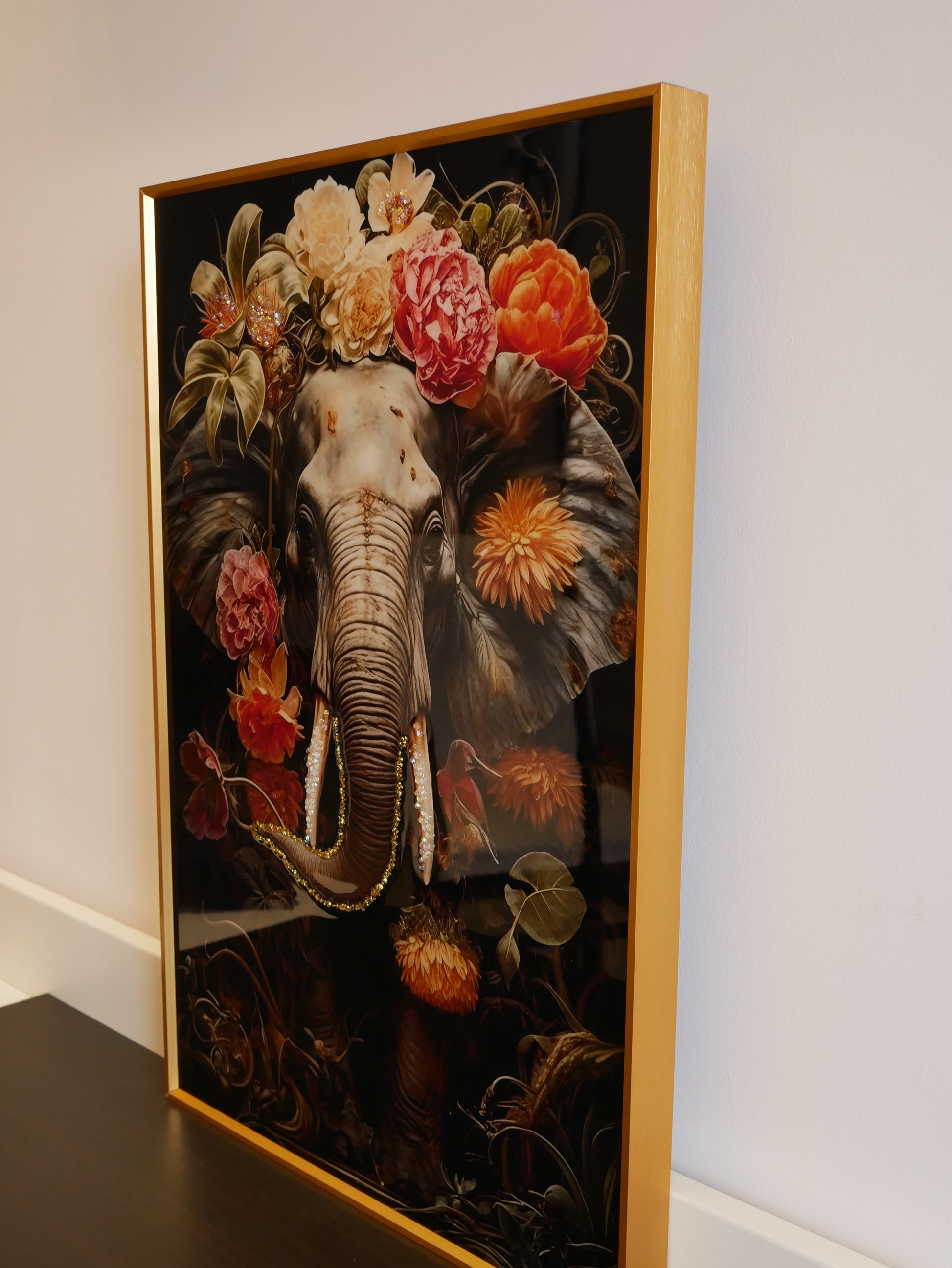 "Elephant in Bloom – Premium Nature Art Frame Crystal wall art||40x60 cm