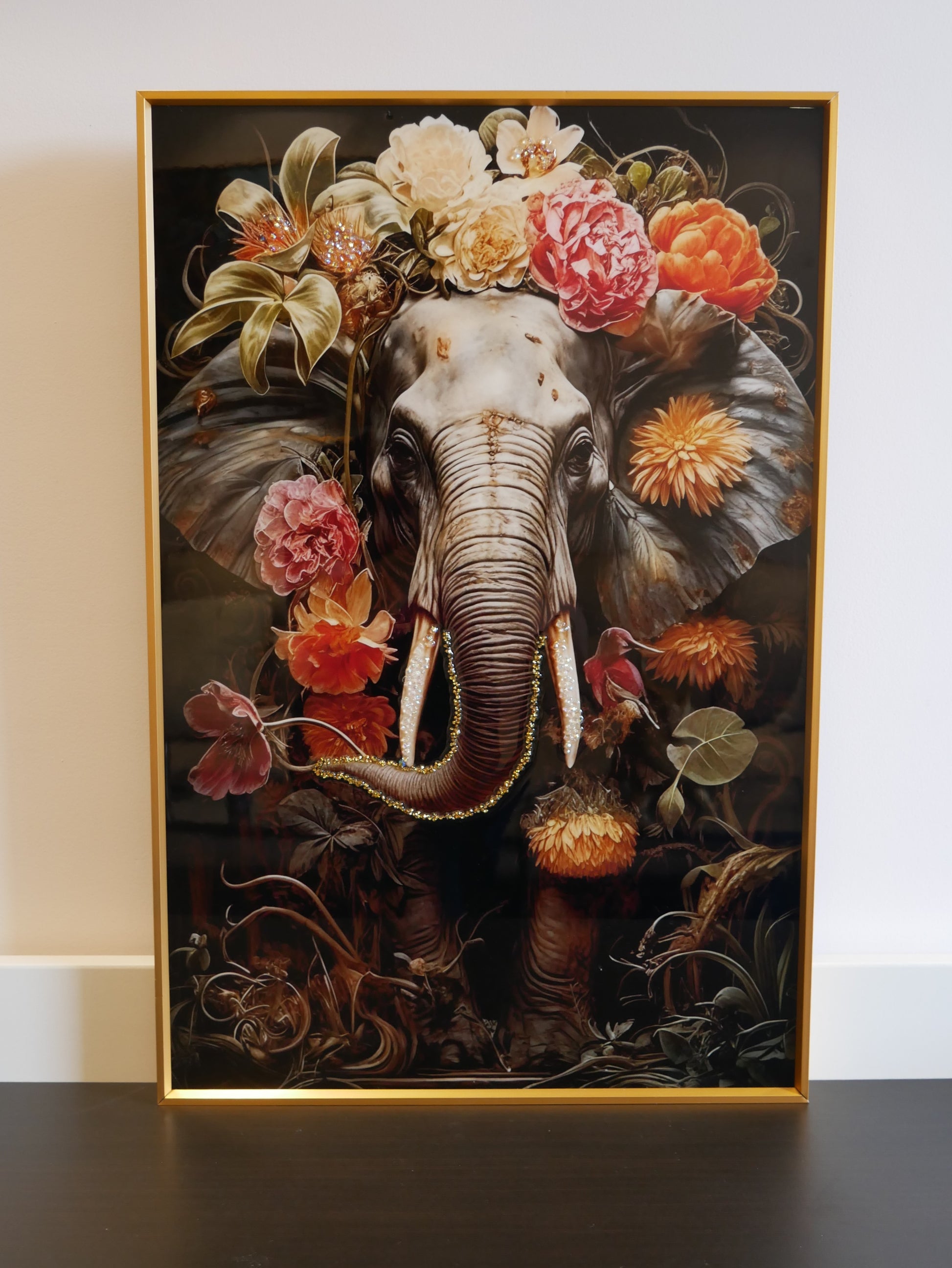 "Elephant in Bloom – Premium Nature Art Frame Crystal wall art||40x60 cm