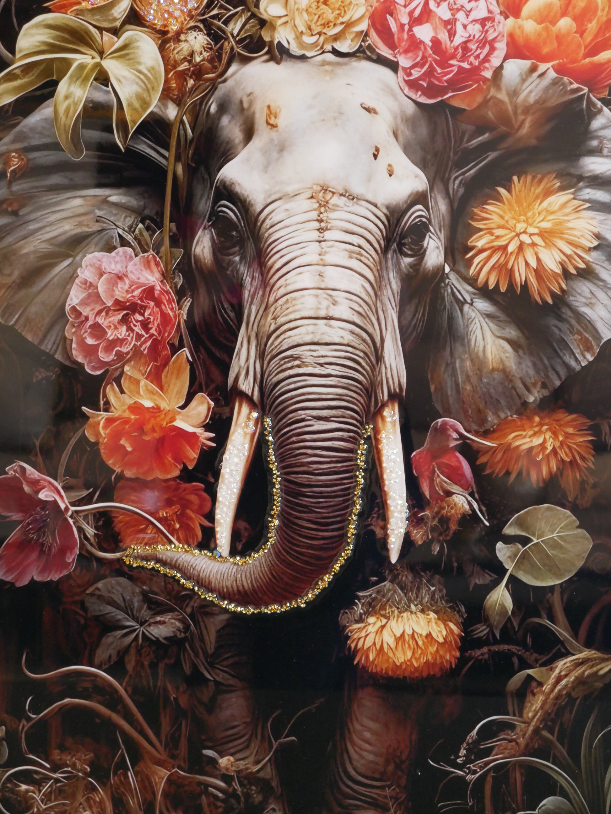 "Elephant in Bloom – Premium Nature Art Frame Crystal wall art||40x60 cm