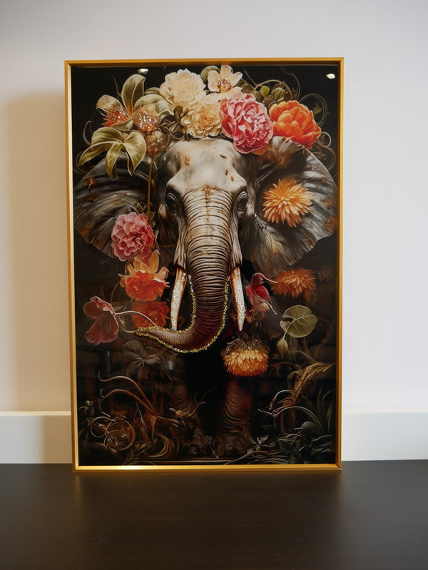 "Elephant in Bloom – Premium Nature Art Frame Crystal wall art||40x60 cm