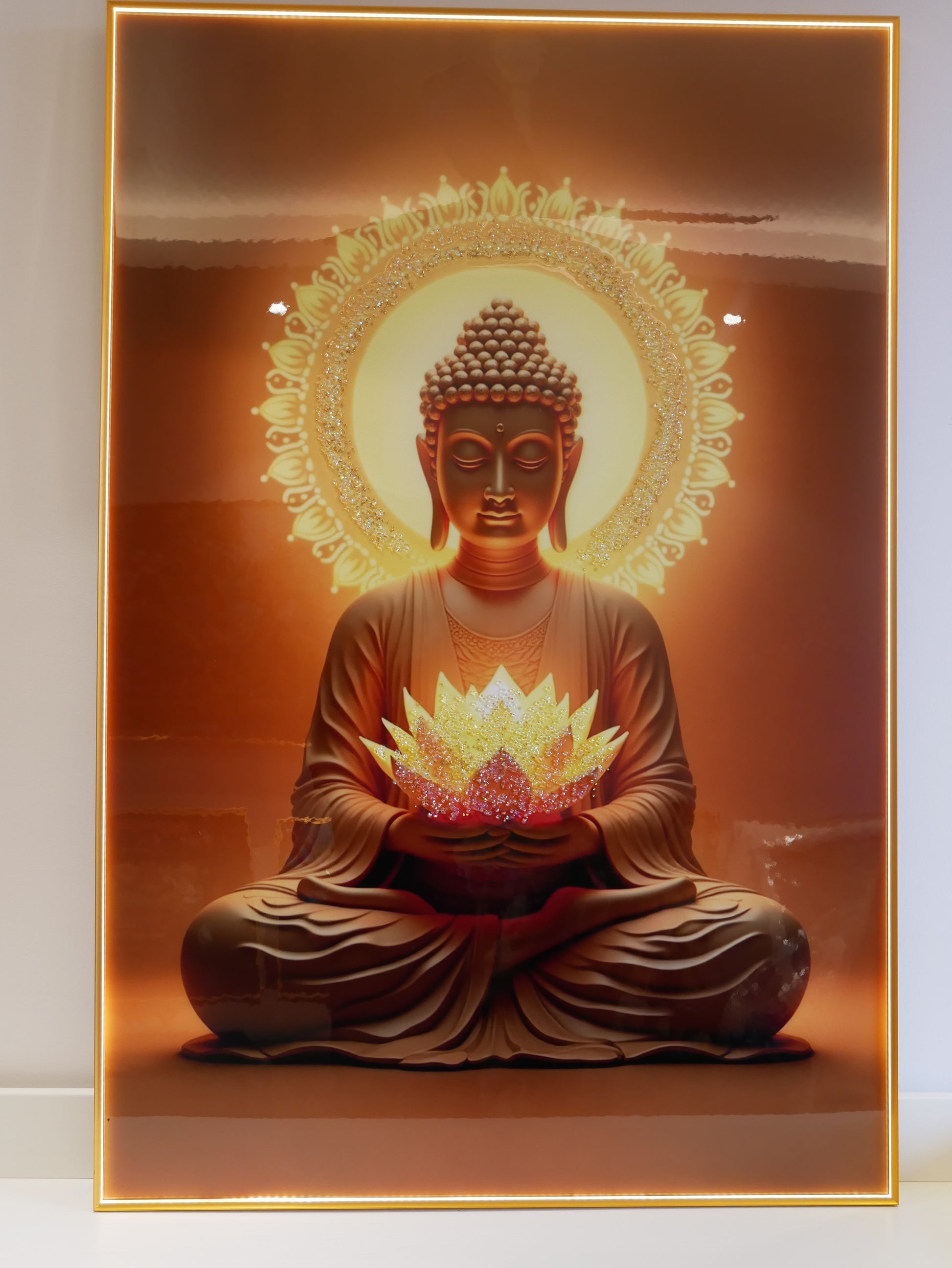 Peaceful meditating Buddha-Crystal wall painting|4x2.5feet +LED
