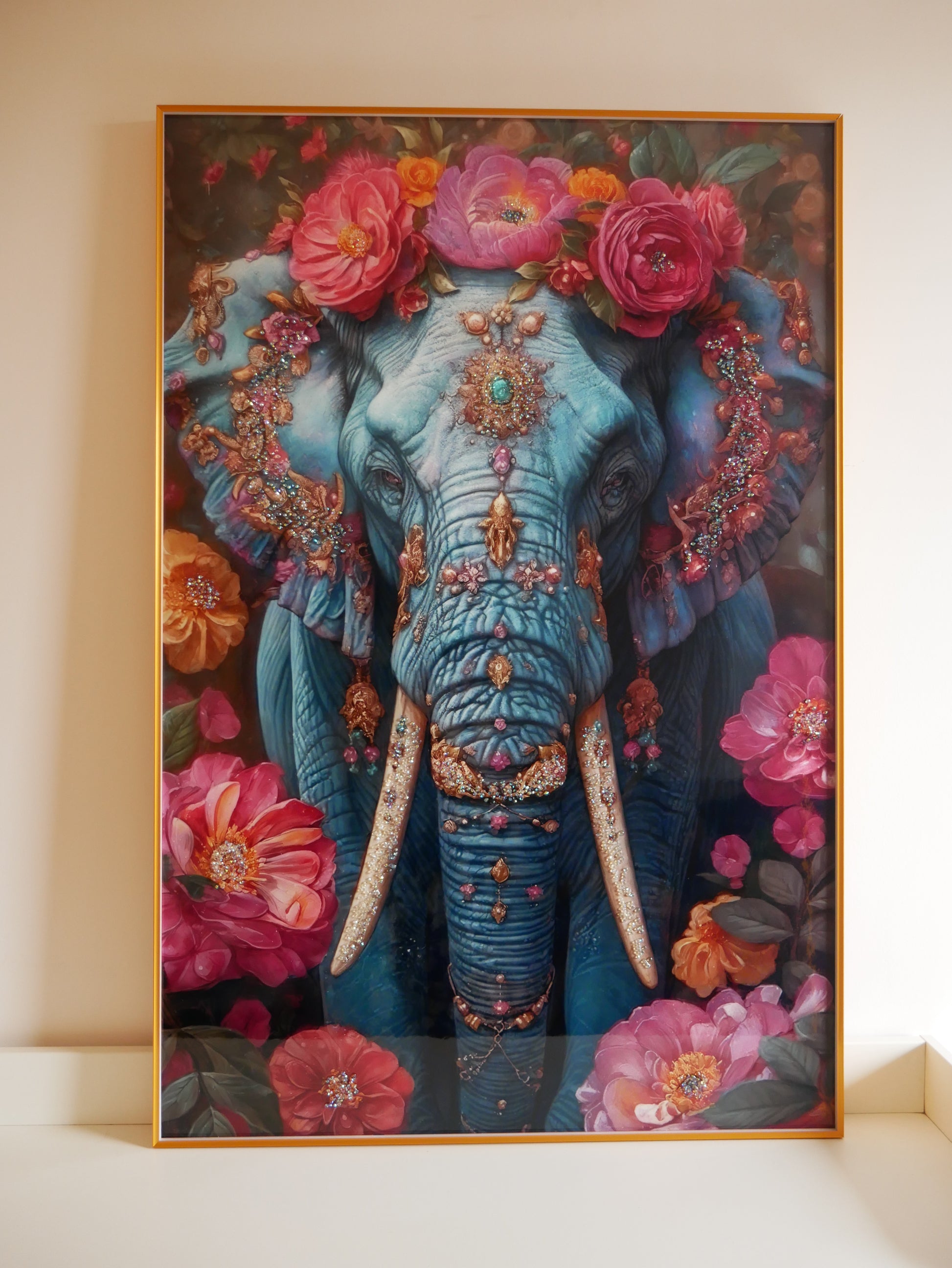 Elephant Crystal  wall art frame-Blue|4x2.5 Feet+LED