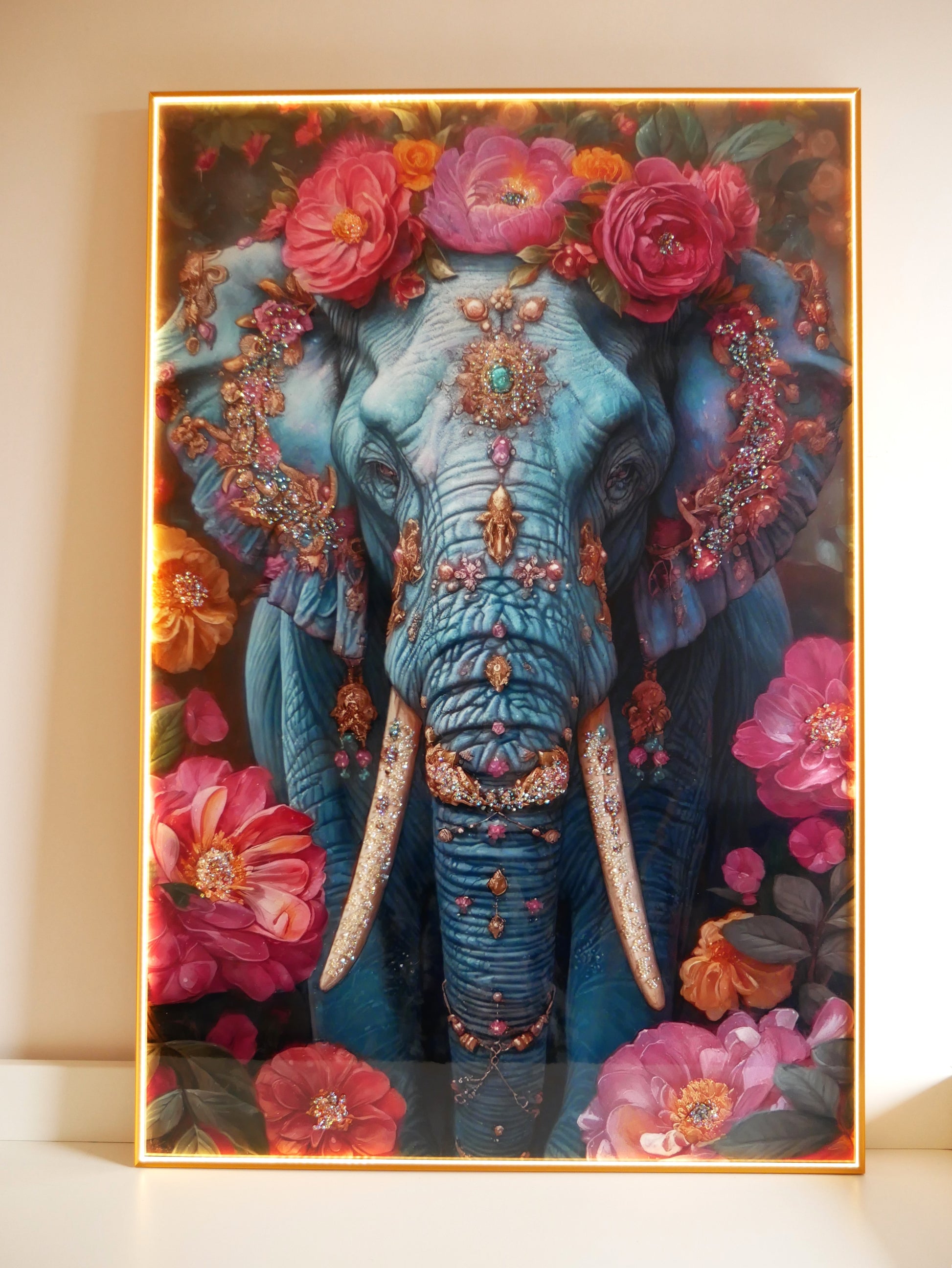 Elephant Crystal  wall art frame-Blue|4x2.5 Feet+LED