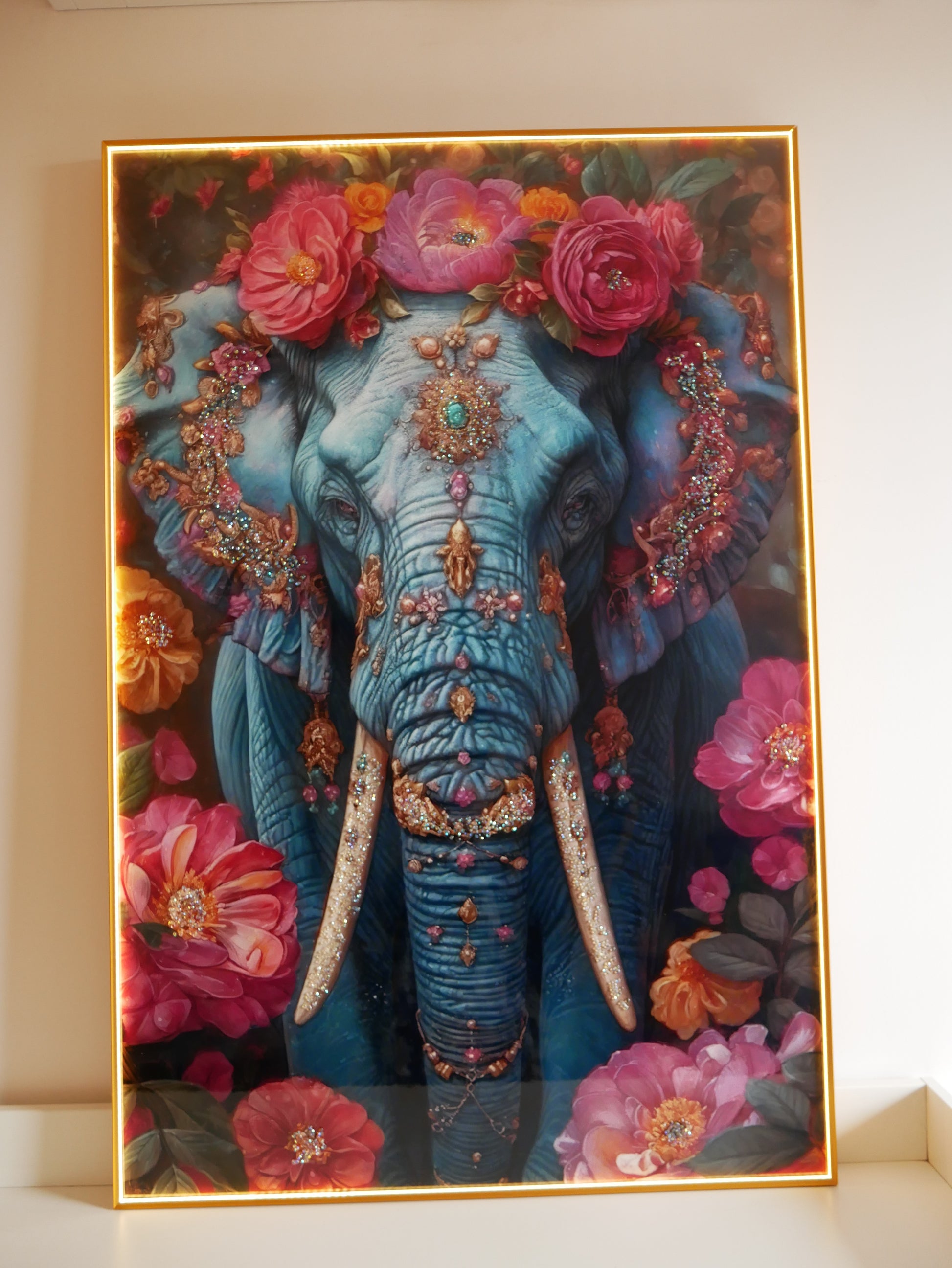 Elephant Crystal  wall art frame-Blue|4x2.5 Feet+LED