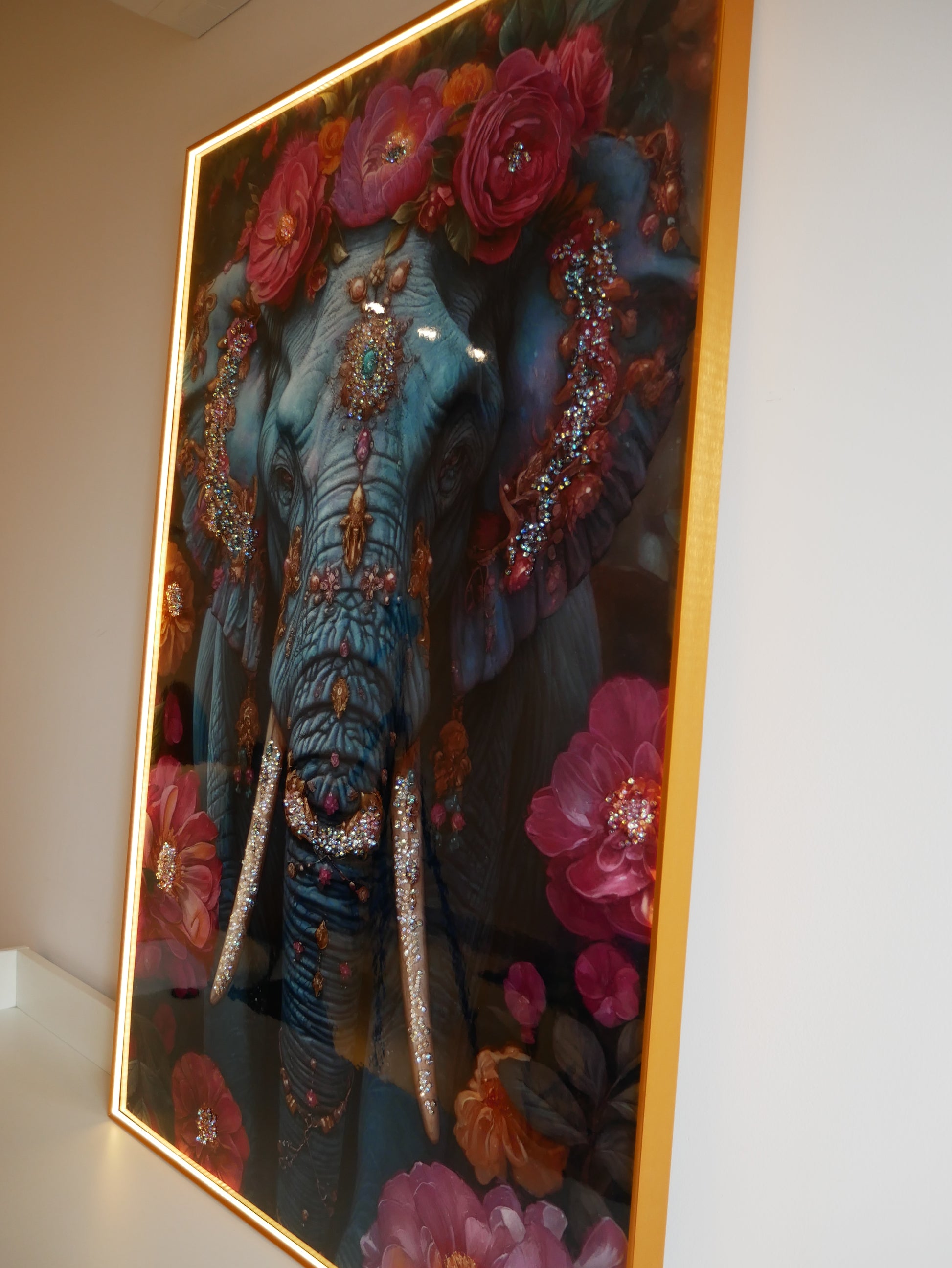 Elephant Crystal  wall art frame-Blue|4x2.5 Feet+LED