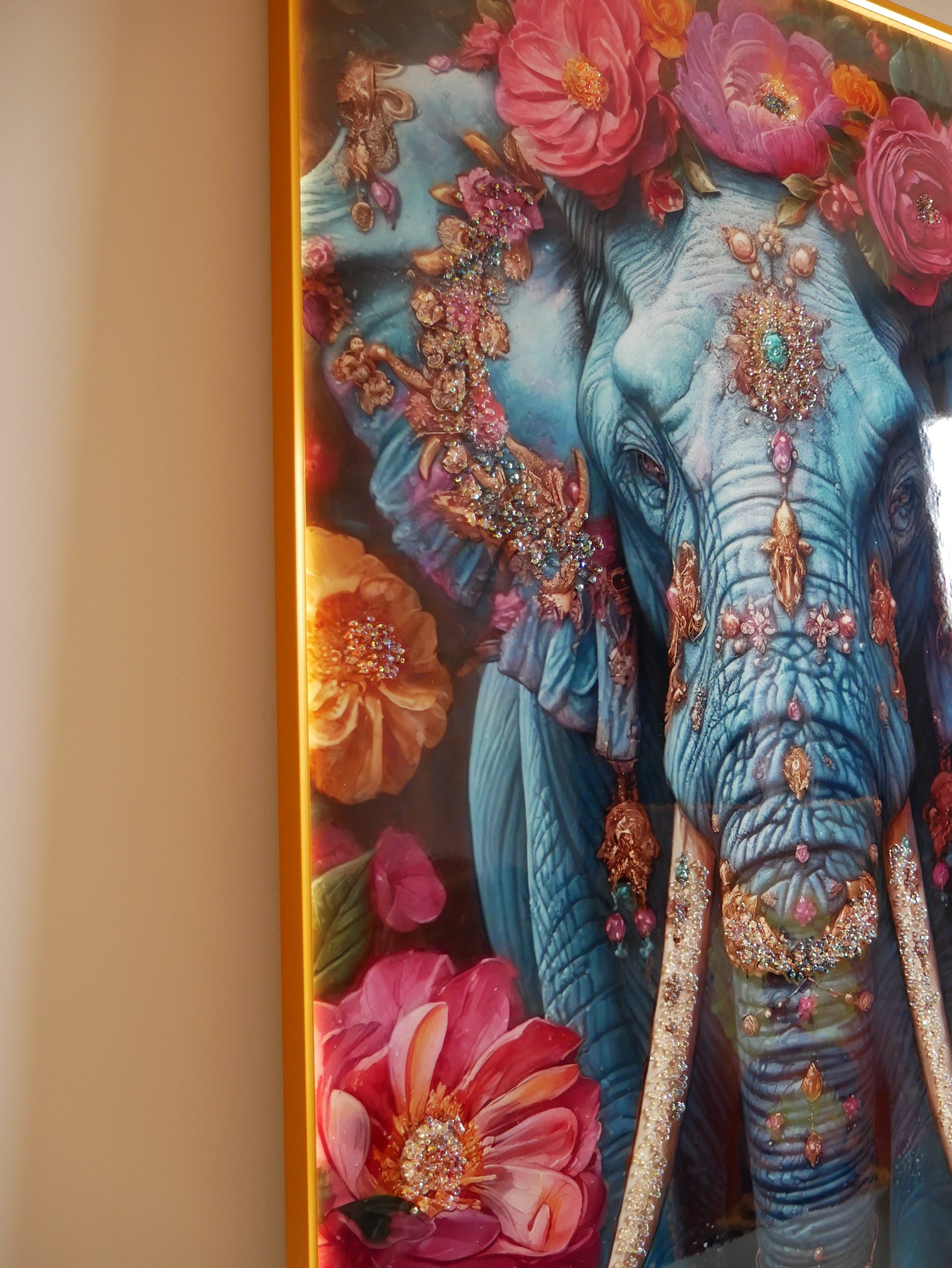 Elephant Crystal  wall art frame-Blue|4x2.5 Feet+LED