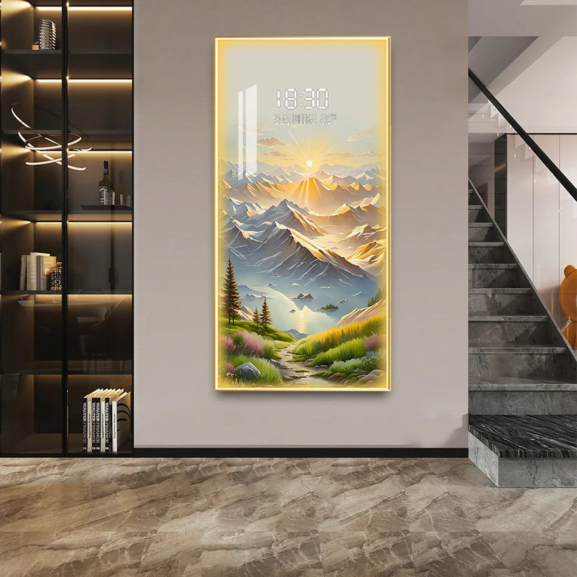 Stunning digital clock with LED wall art| 120x60 cm| Sunrise Mountain landscape