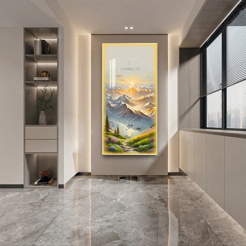 Stunning digital clock with LED wall art| 120x60 cm| Sunrise Mountain landscape
