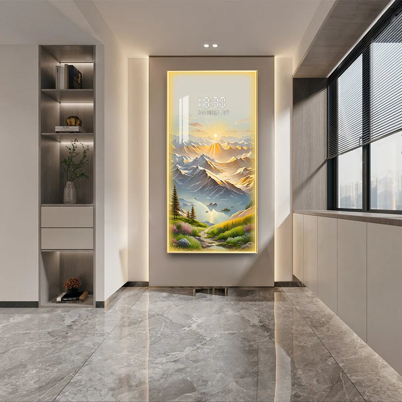 Stunning digital clock with LED wall art| 120x60 cm| Sunrise Mountain landscape