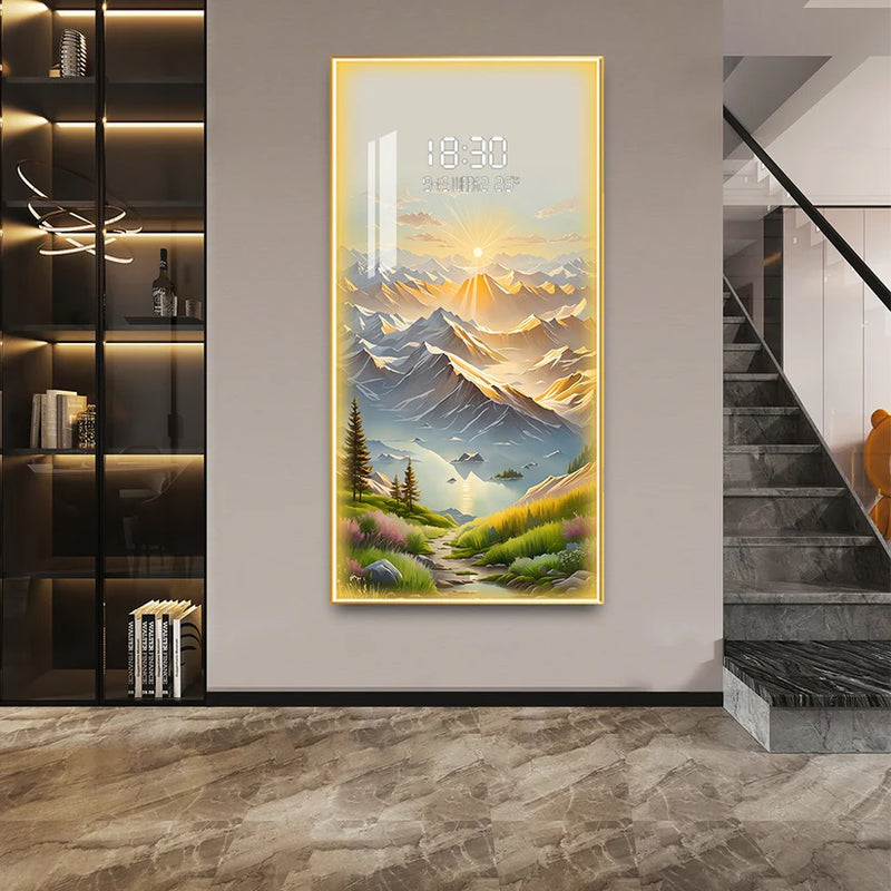 Stunning digital clock with LED wall art| 120x60 cm| Sunrise Mountain landscape