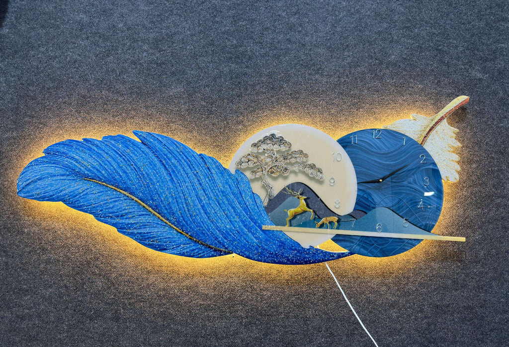 Blue Feather wall clock with LED for home decor|60X150 cm