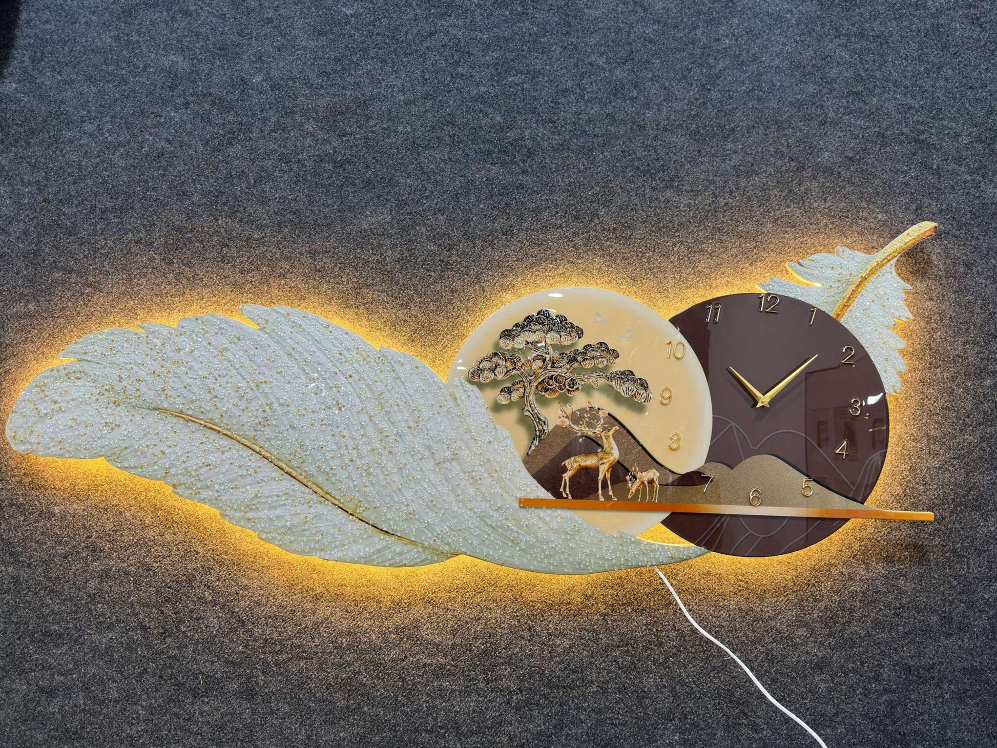White Feather wall clock with LED for home decor|60X150 cm