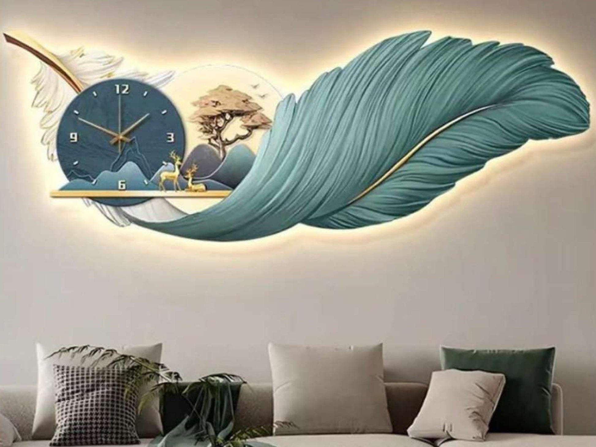 Green Feather wall clock with LED for home decor|60X150 cm